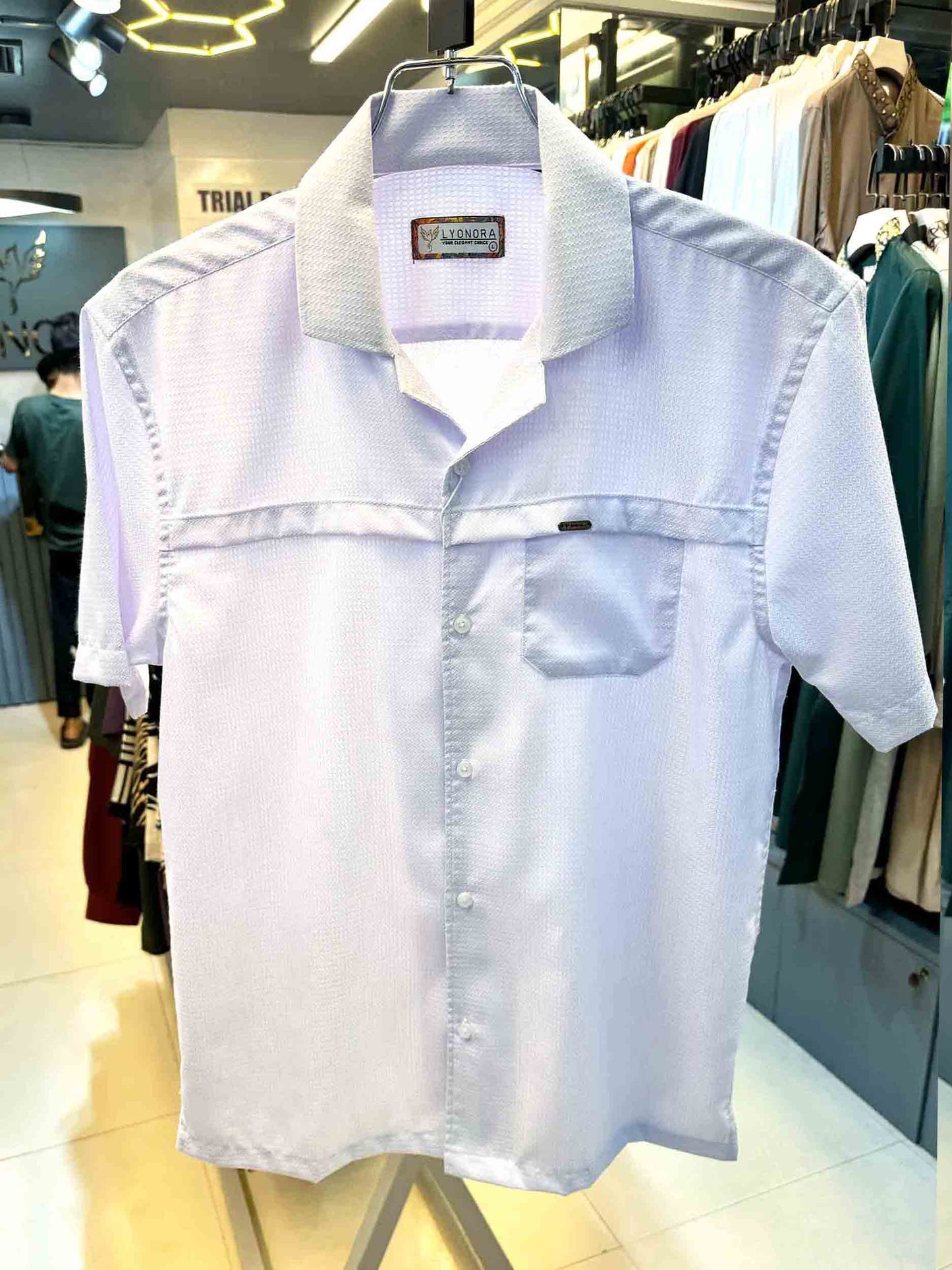 Purplish white chest plated rayon fabric havana shirt