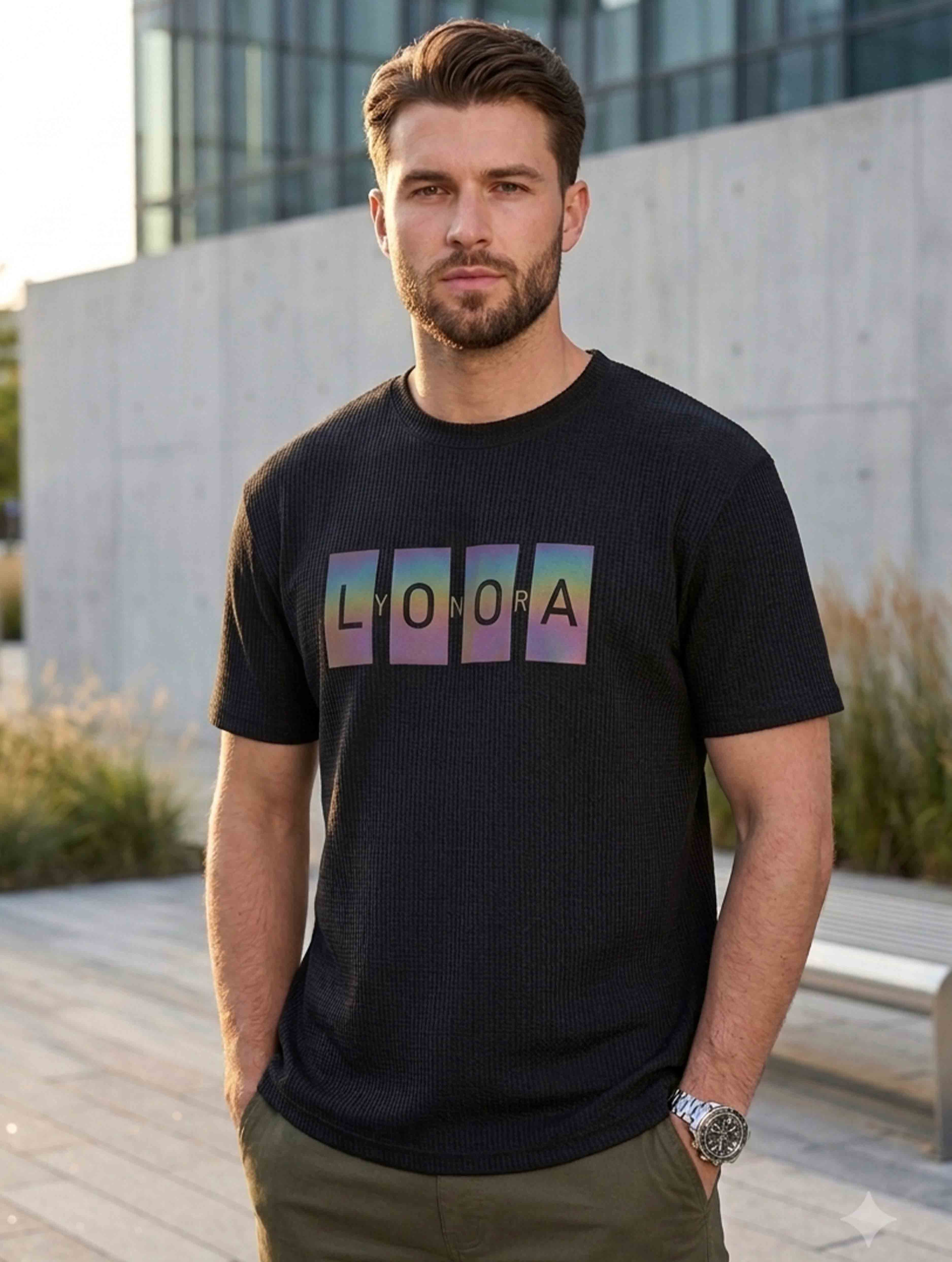 Black LYONORA Waffle Fabric Semi Drop T-shirt