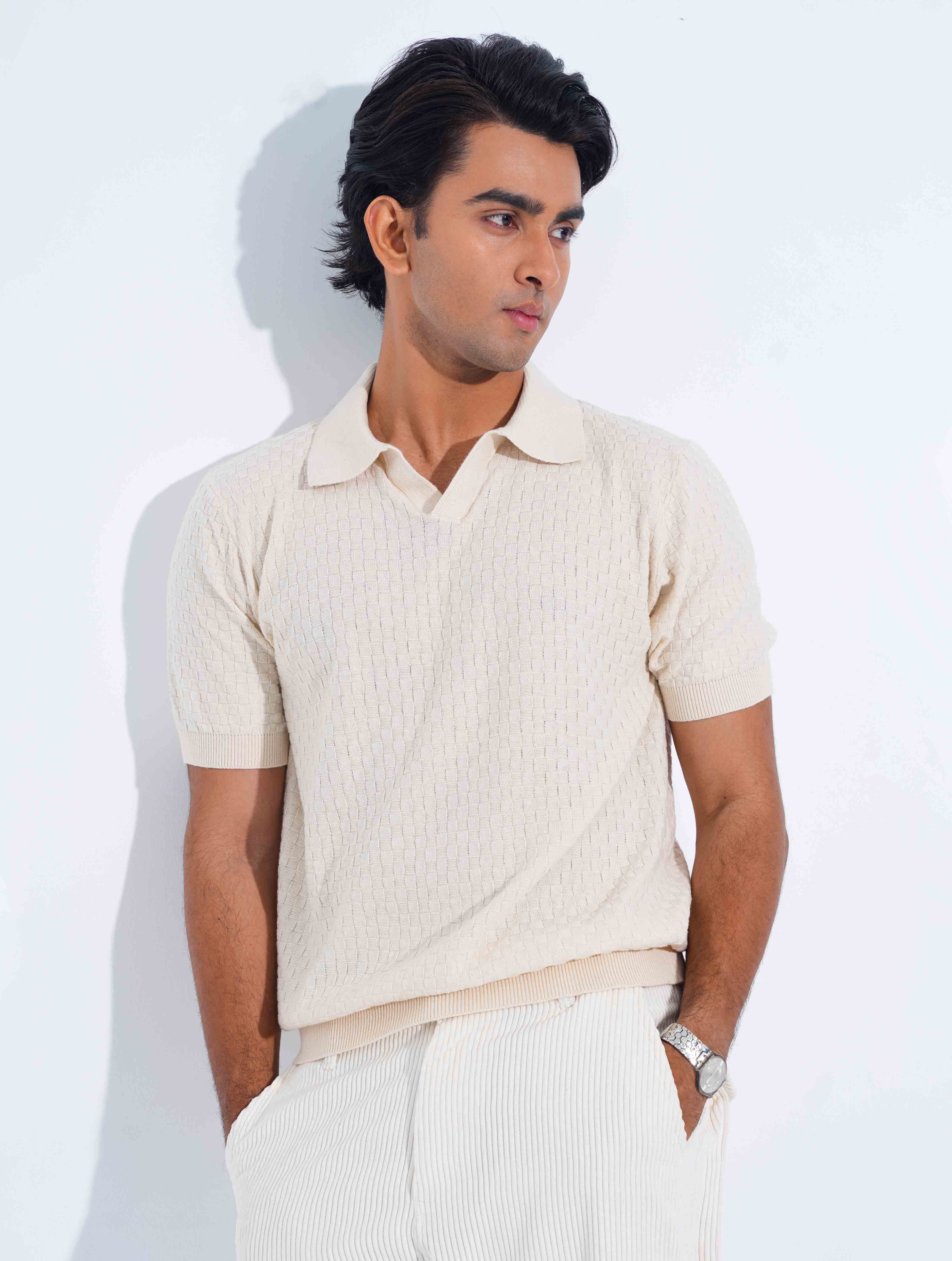 Cream Jacuard Fabric Old Money Polo