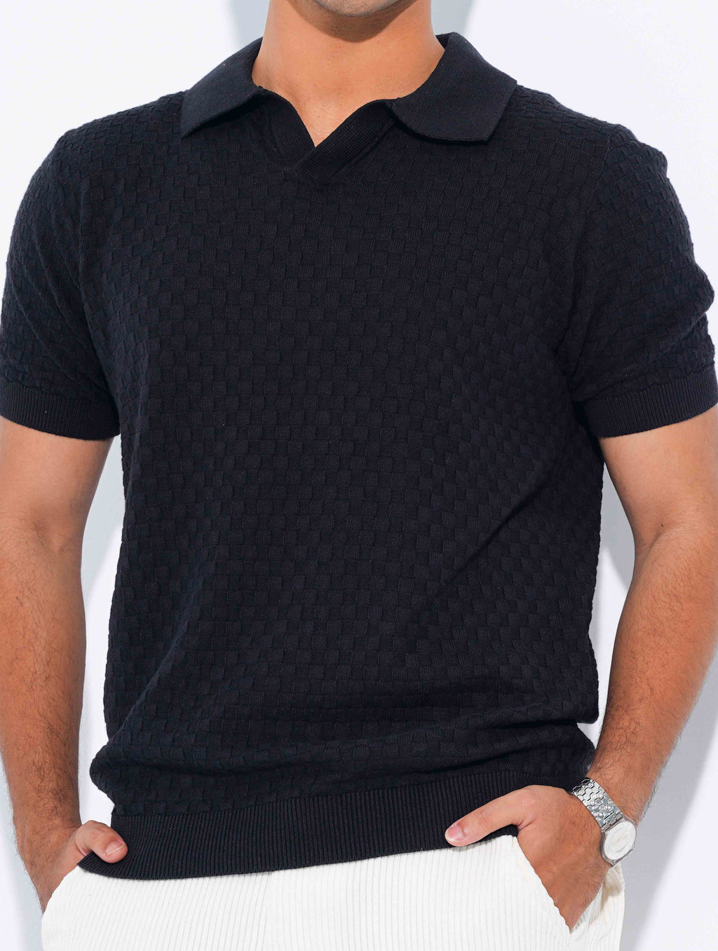 Black Jacuard Fabric Old Money Polo