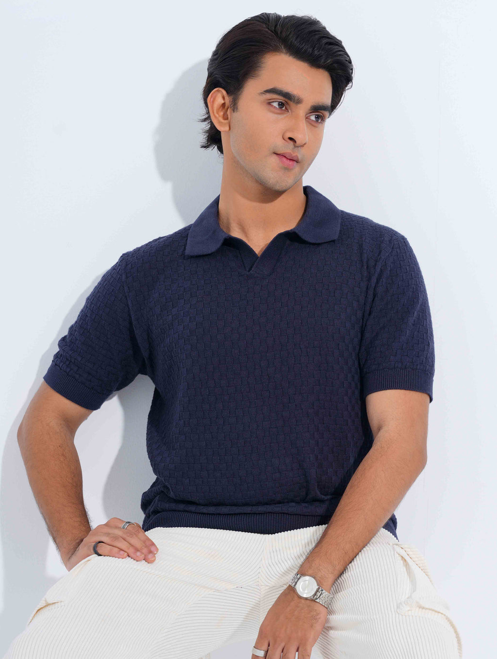 Navy Blue Jacuard Fabric Old Money Polo