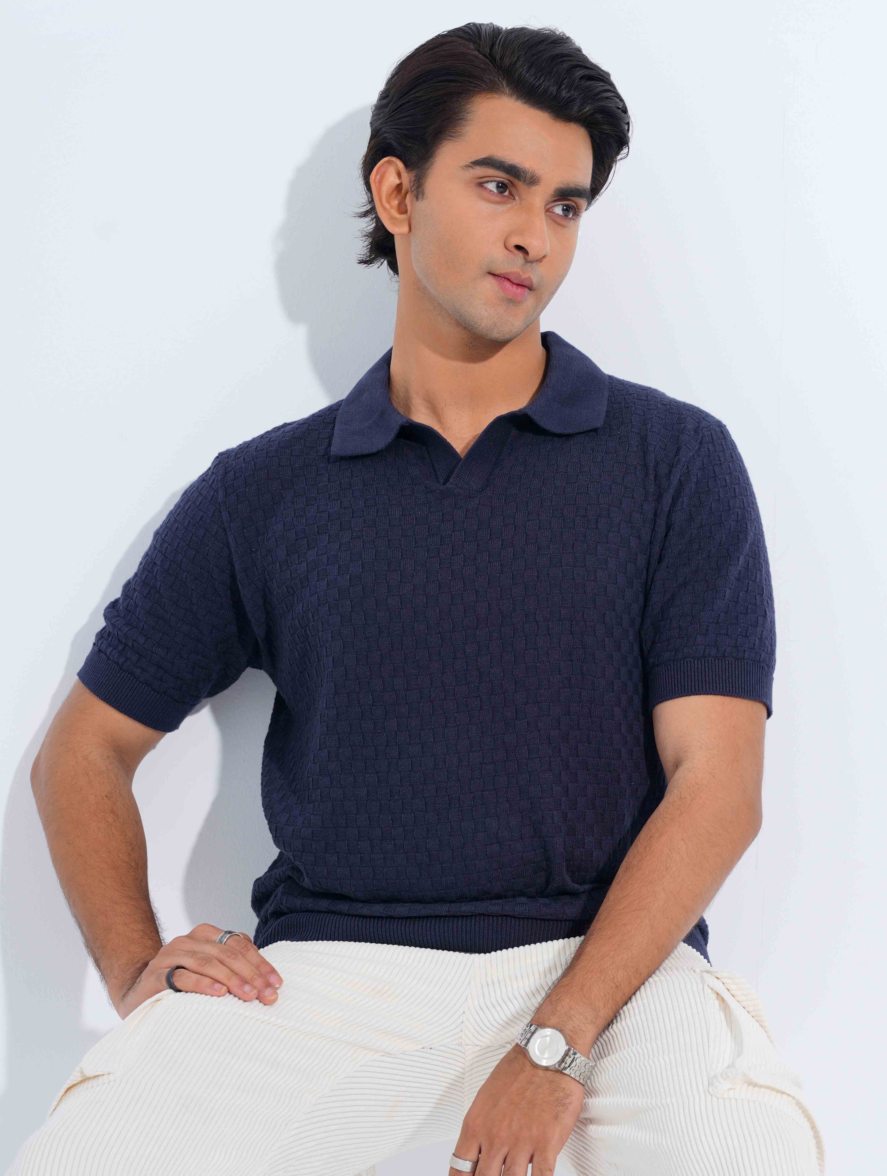 Navy Blue Jacuard Fabric Old Money Polo