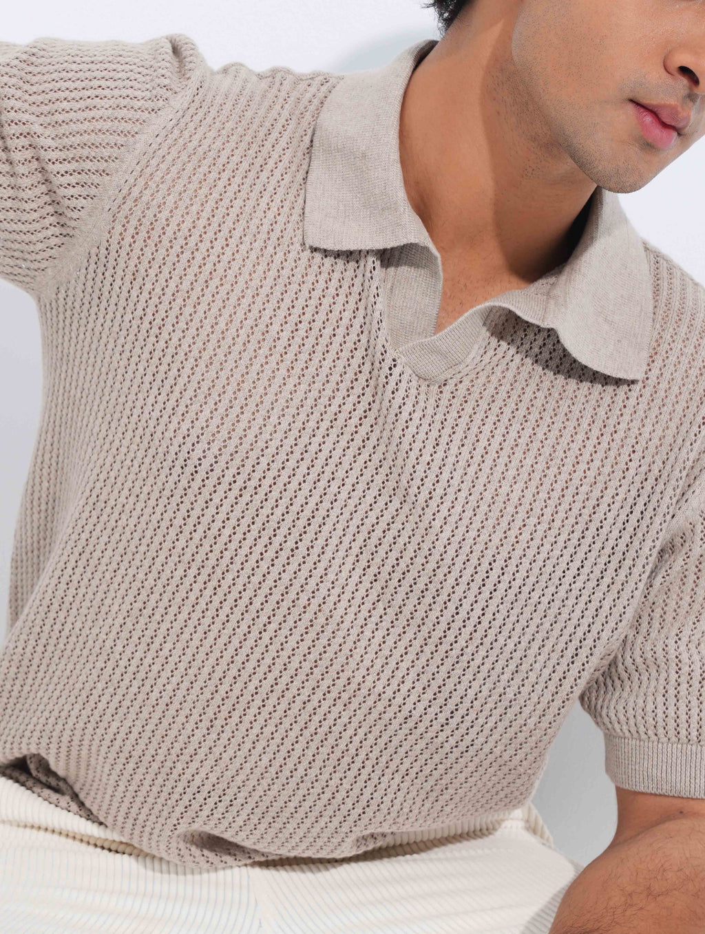 Beige Jacuard Stripe Weave Fabric Old Money Polo