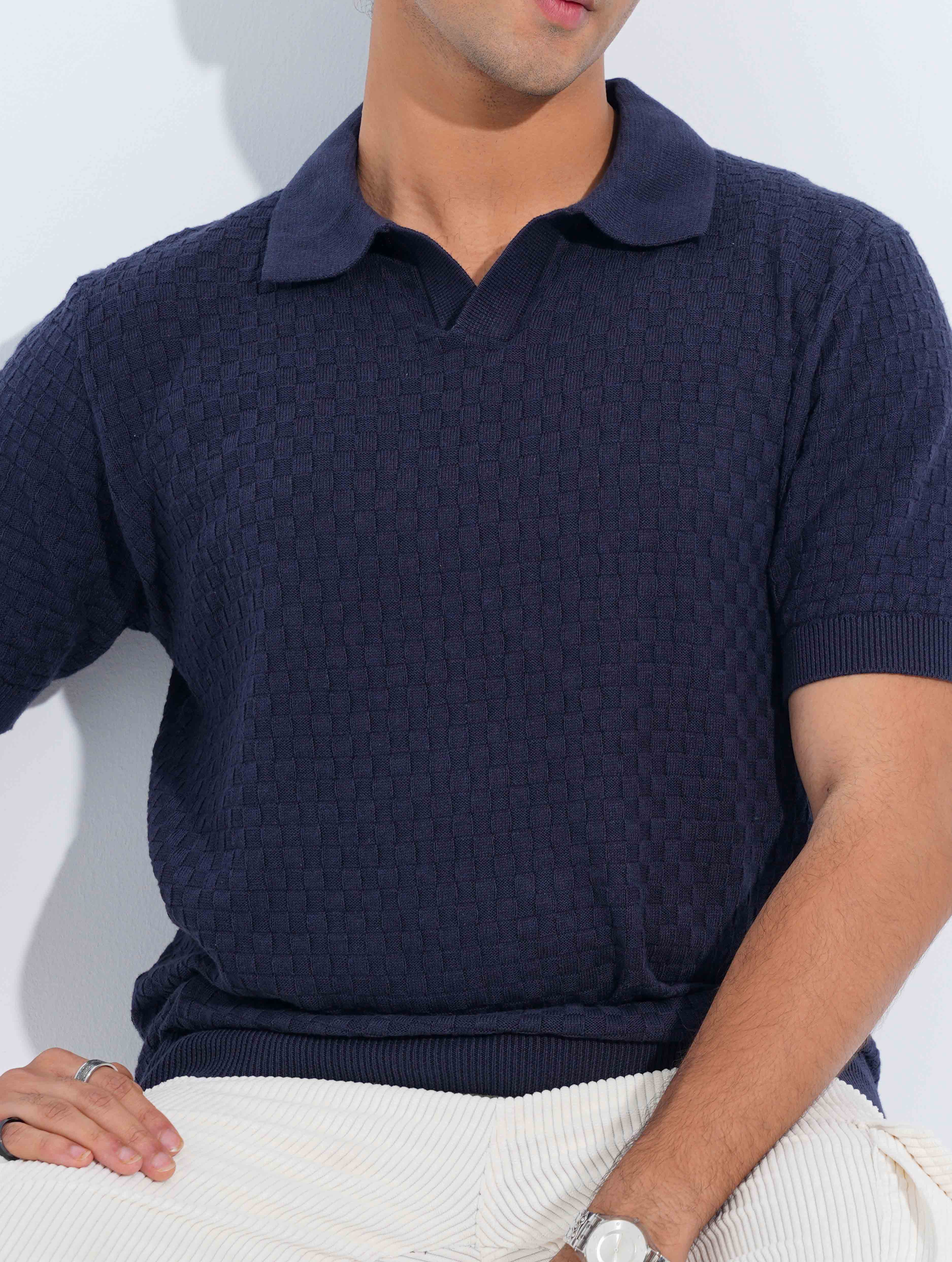 Navy Blue Jacuard Fabric Old Money Polo