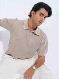 Beige Jacuard Stripe Weave Fabric Old Money Polo
