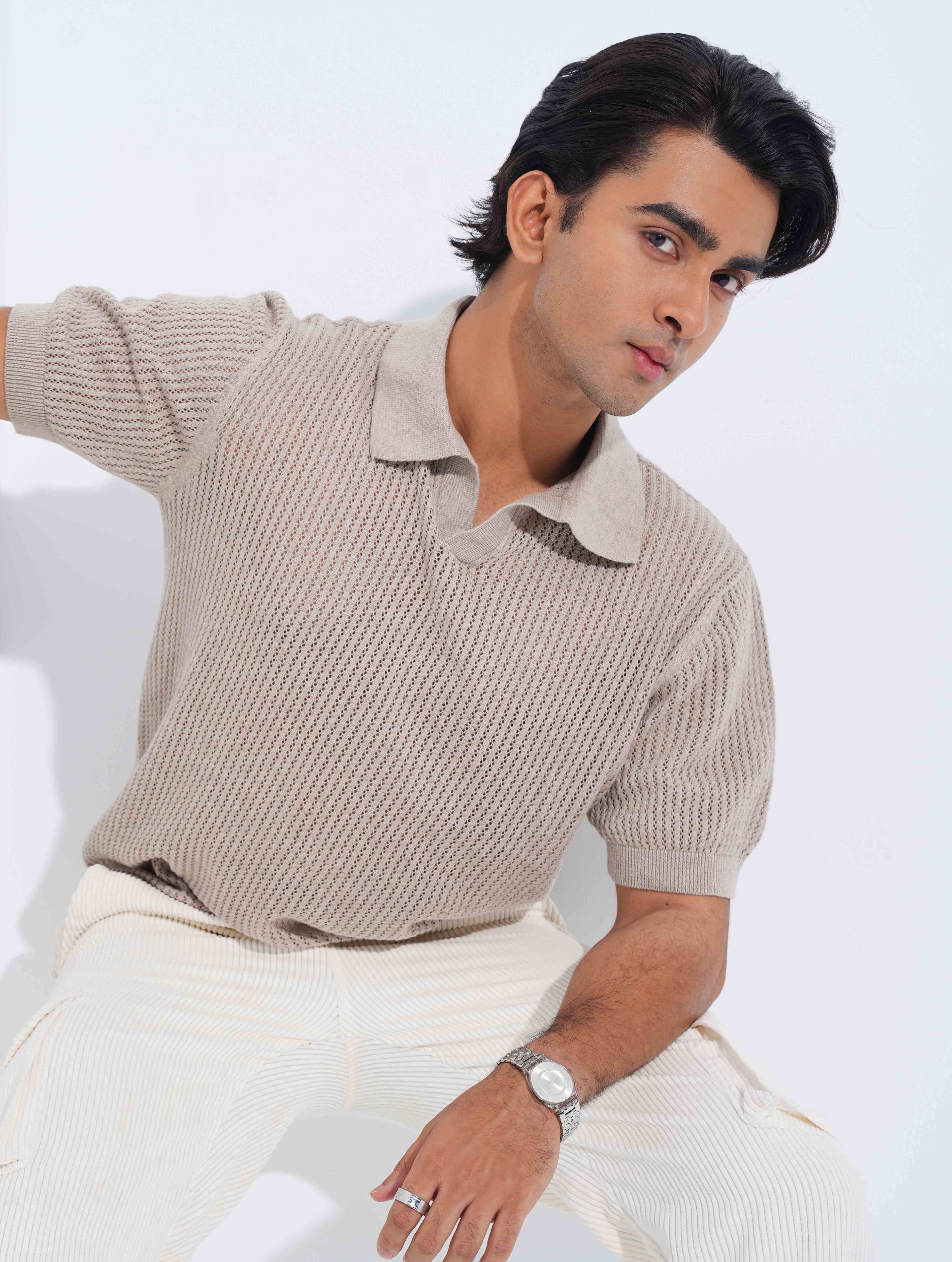 Beige Jacuard Stripe Weave Fabric Old Money Polo