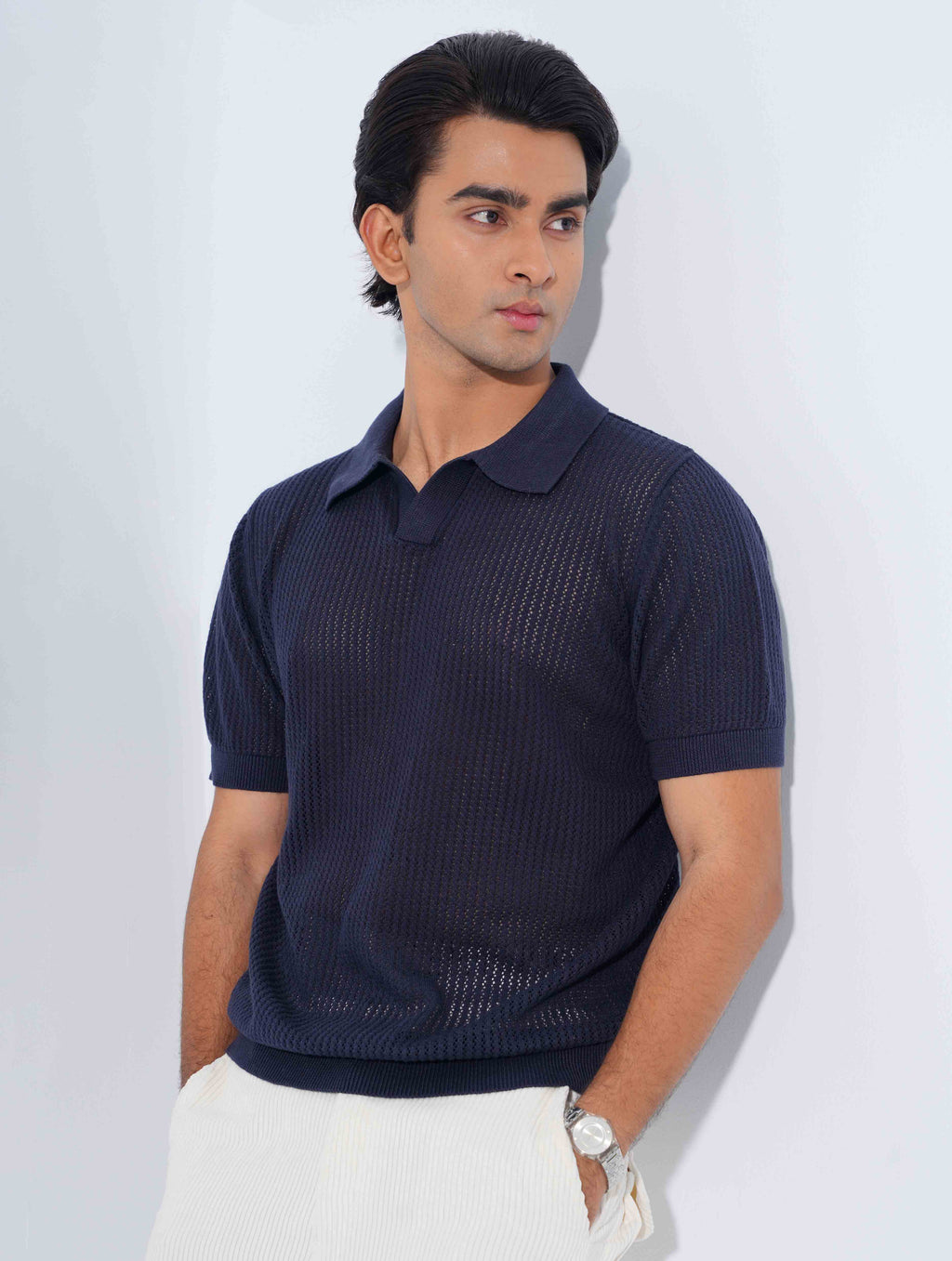 Navy blue Jacuard Stripe Weave Fabric Old Money Polo