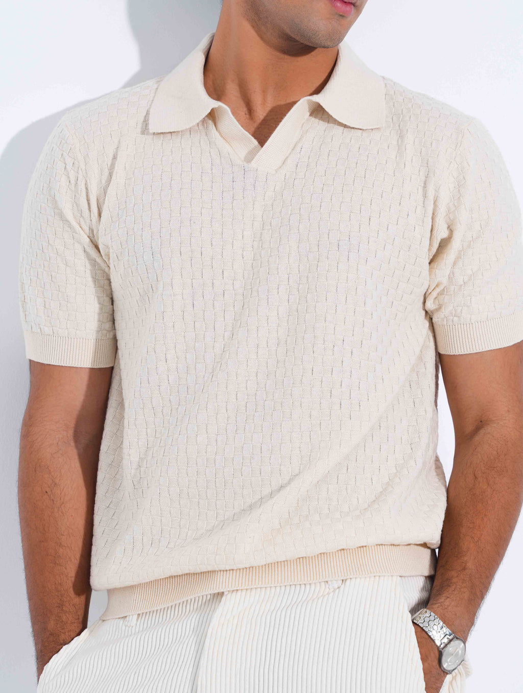 Cream Jacuard Fabric Old Money Polo
