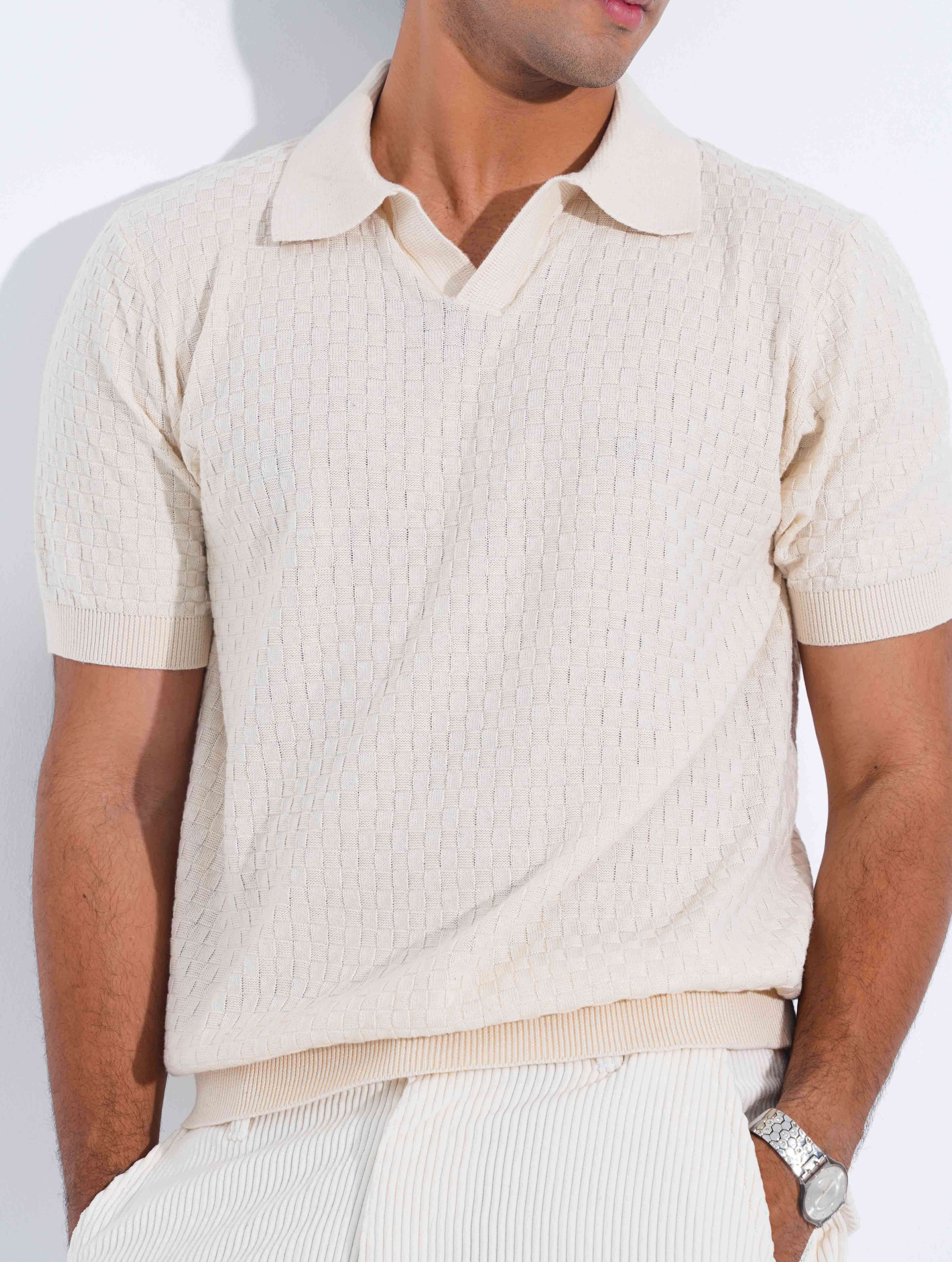 Cream Jacuard Fabric Old Money Polo