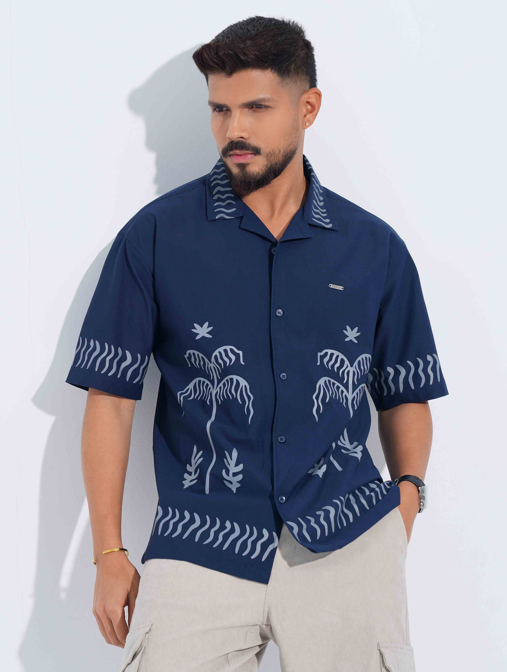 Royal Blue ash Tree Printed Drop-Shoulder Half Shirt