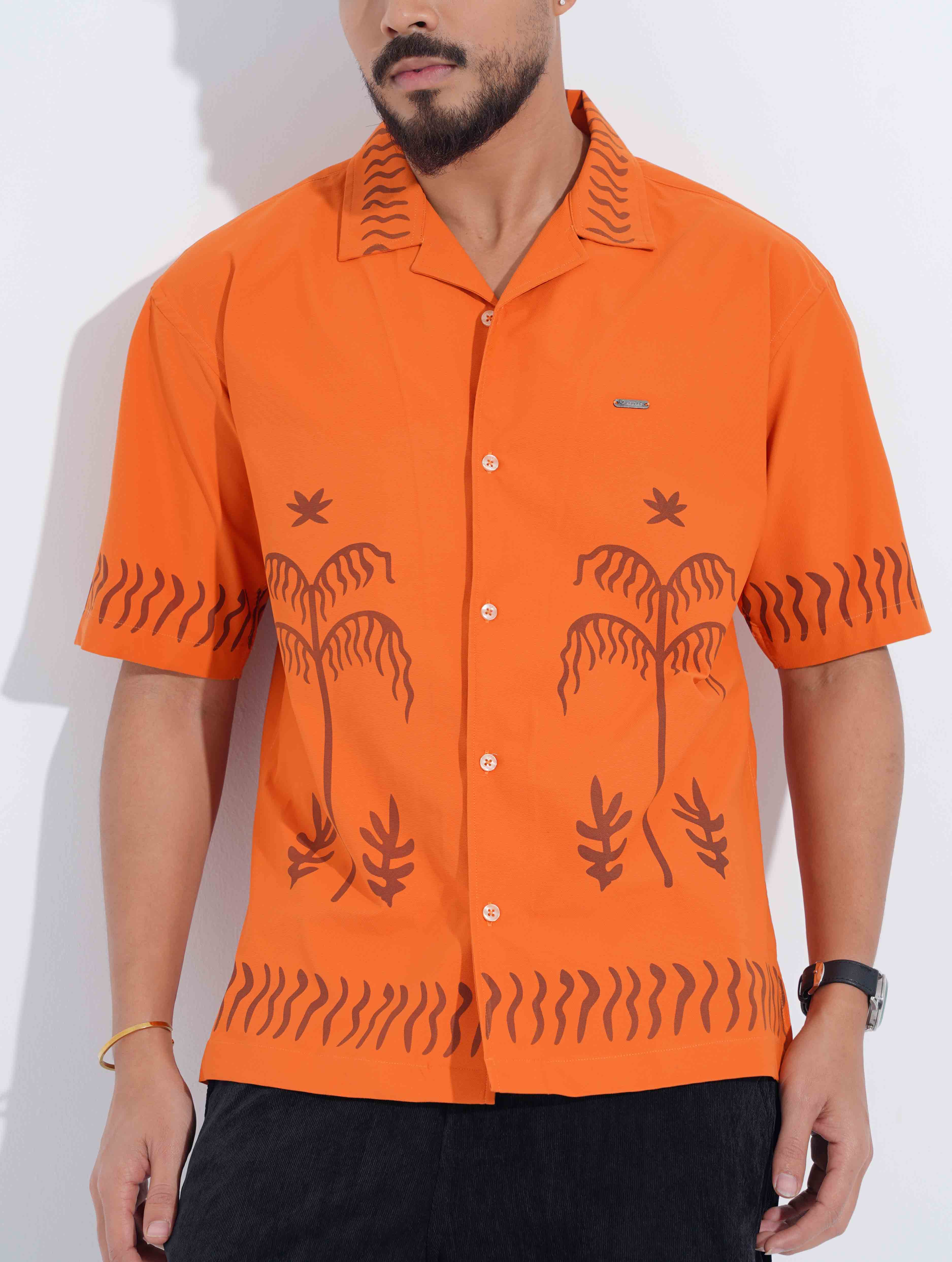 Orange Gray Tree Printed Drop-Shoulder Half Shirt