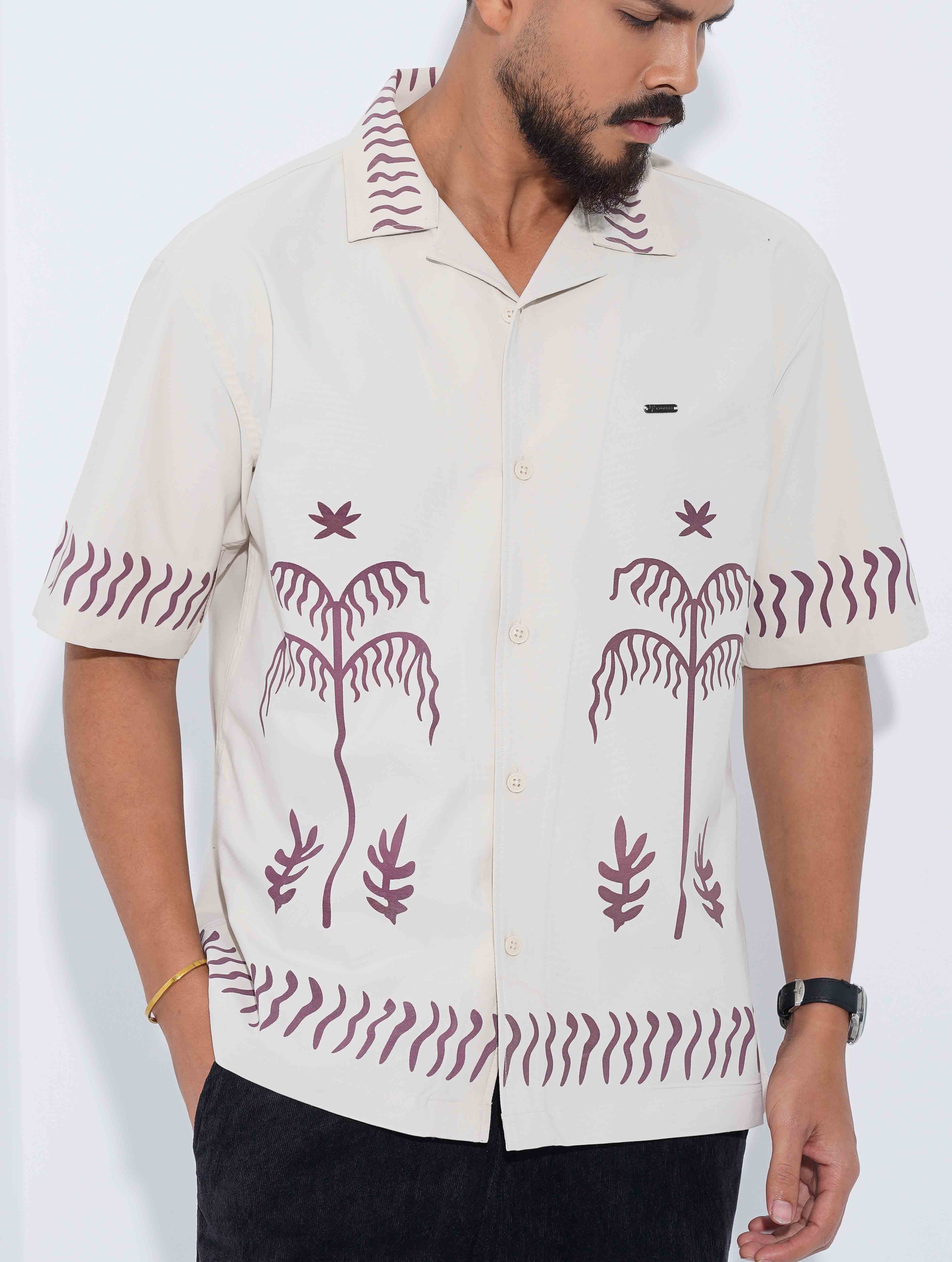 Cream Maroon Tree Printed Drop-Shoulder Half Shirt