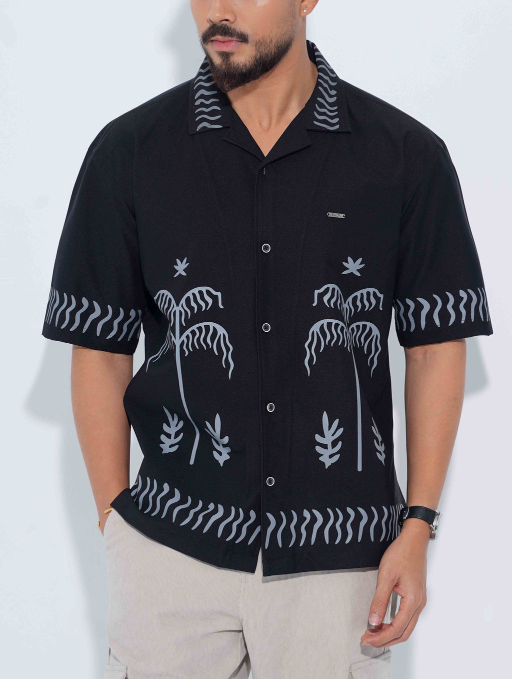 Black Ash Tree Printed Drop-Shoulder Half Shirt