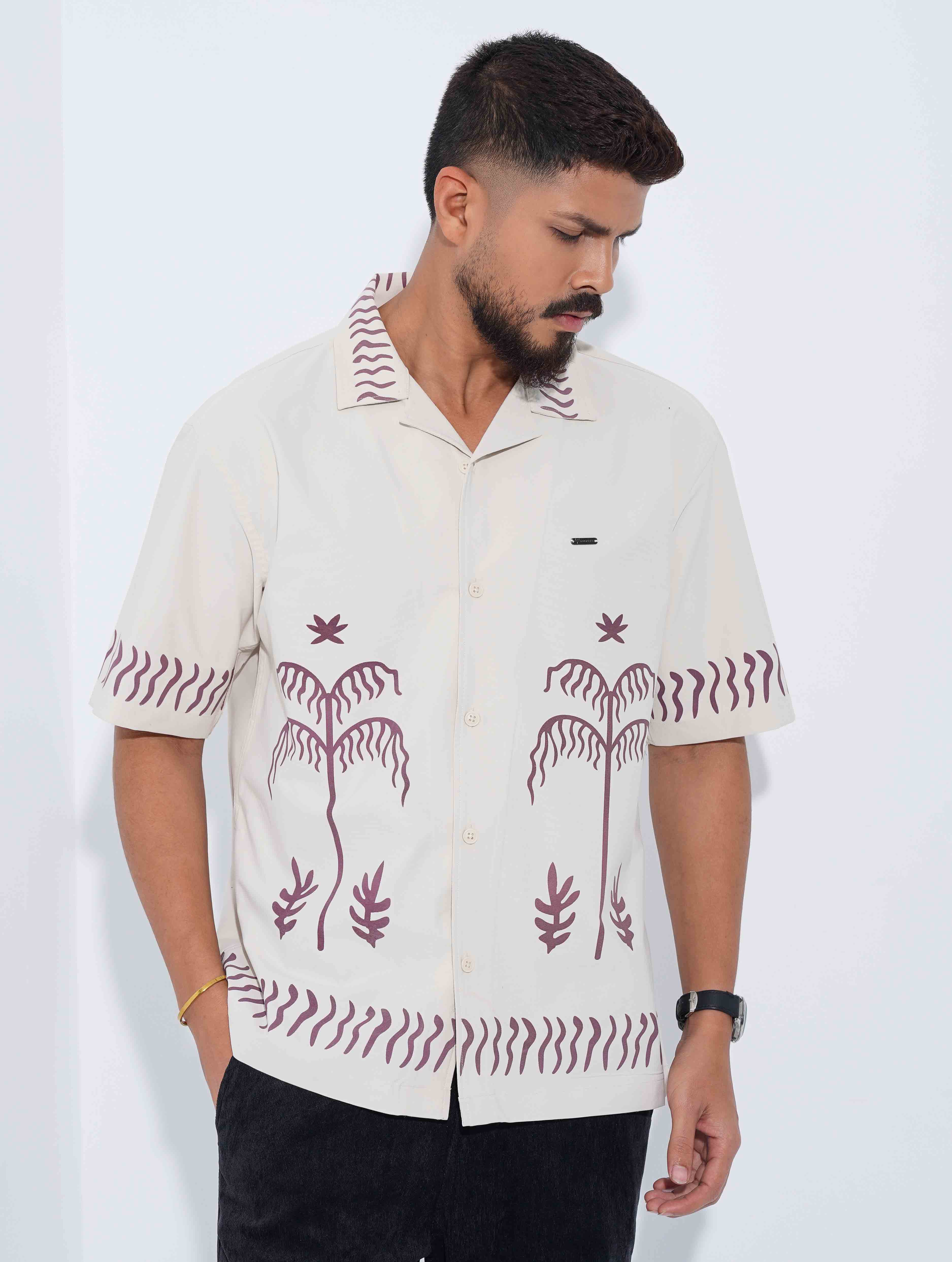 Cream Maroon Tree Printed Drop-Shoulder Half Shirt
