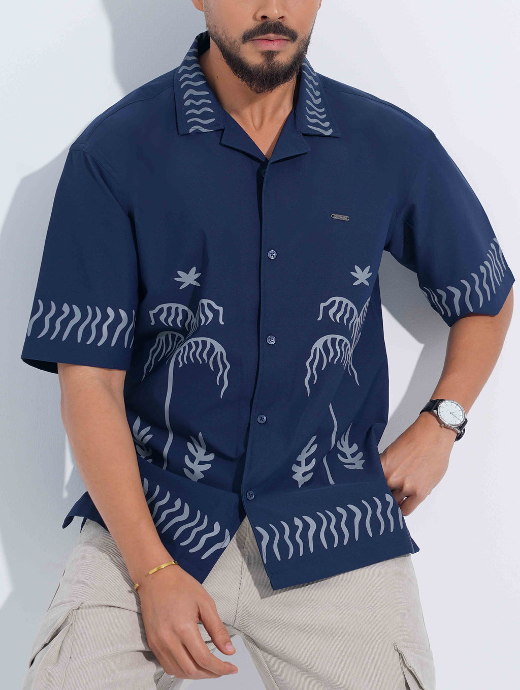 Royal Blue ash Tree Printed Drop-Shoulder Half Shirt