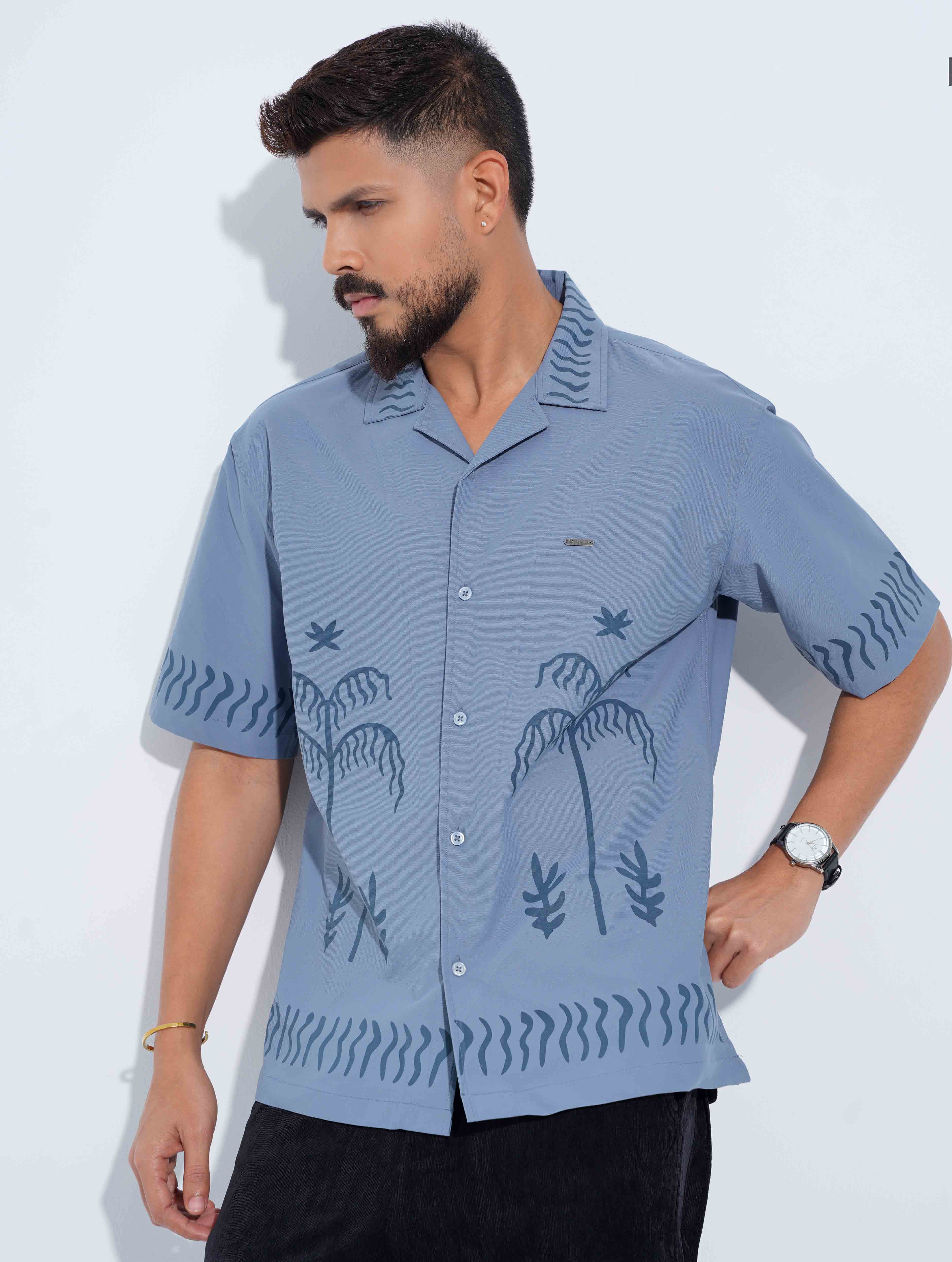 Sky ash Tree Printed Drop-Shoulder Half Shirt