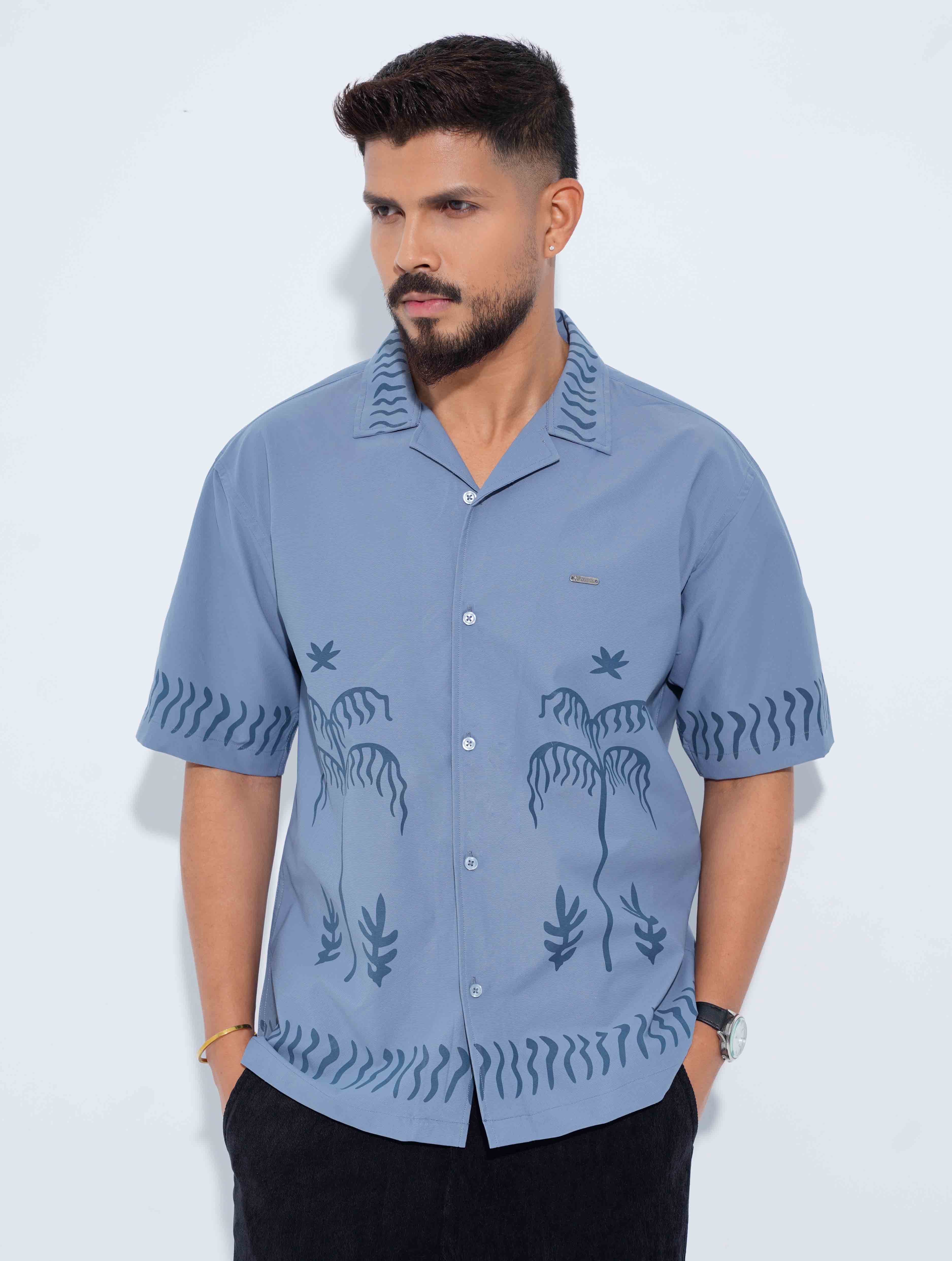 Sky ash Tree Printed Drop-Shoulder Half Shirt