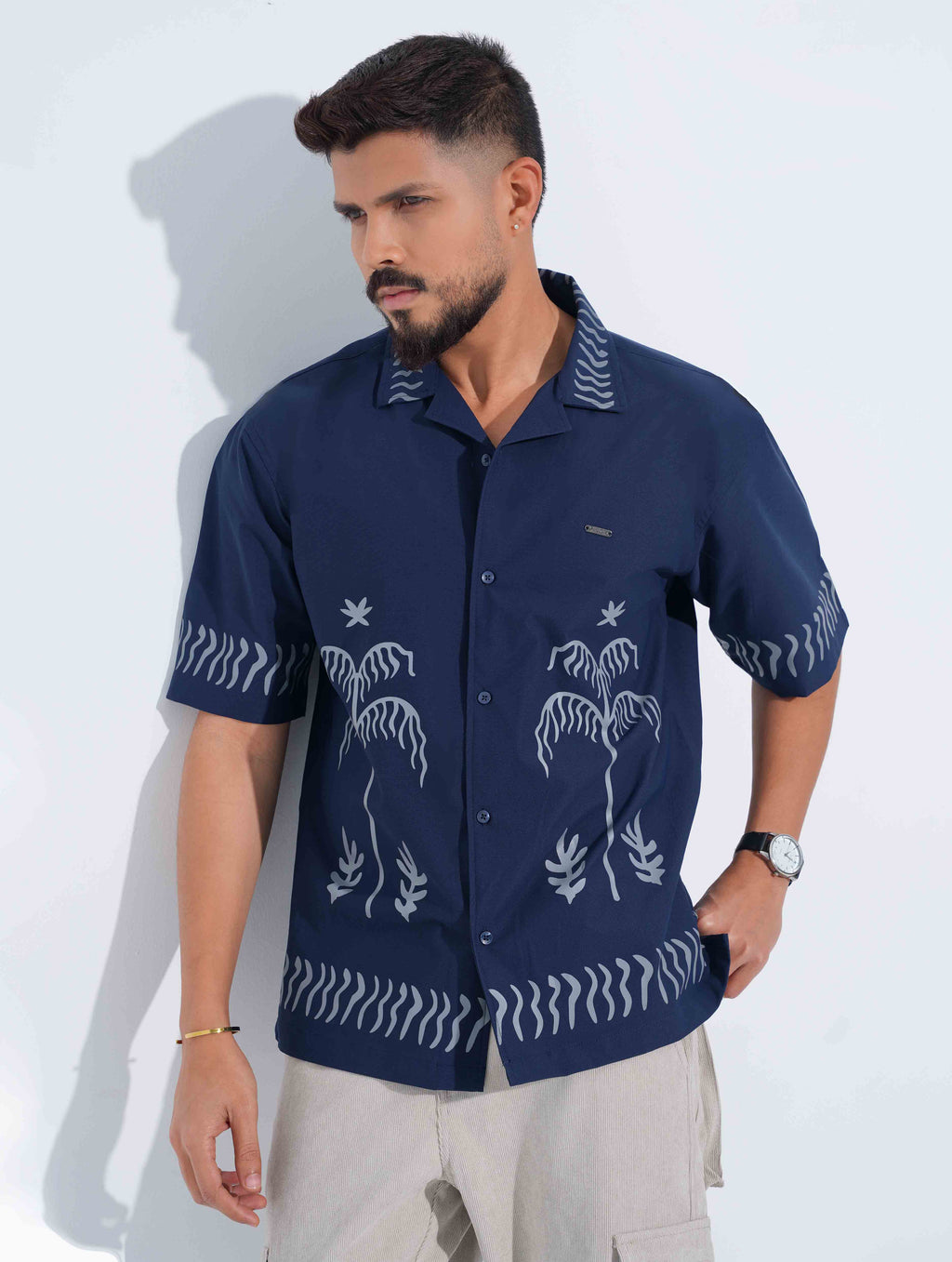 Royal Blue ash Tree Printed Drop-Shoulder Half Shirt