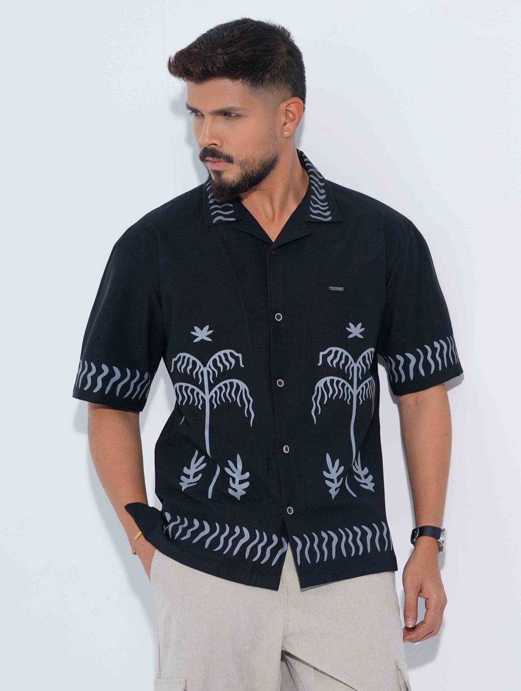 Black Ash Tree Printed Drop-Shoulder Half Shirt