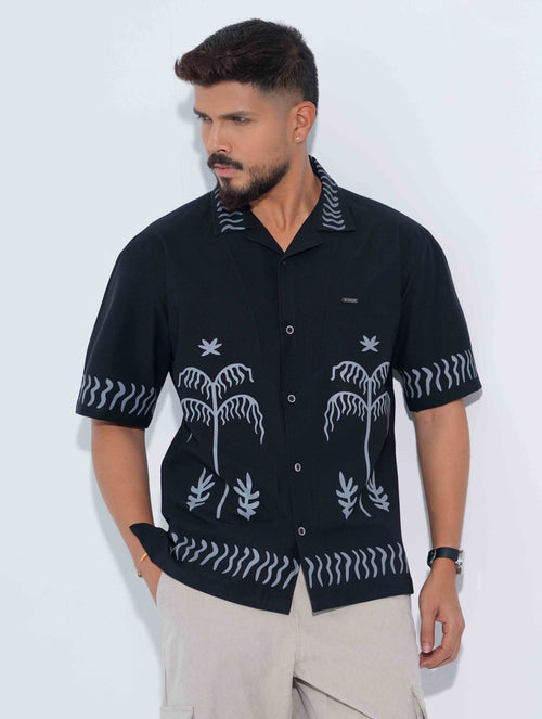 Black Ash Tree Printed Drop-Shoulder Half Shirt