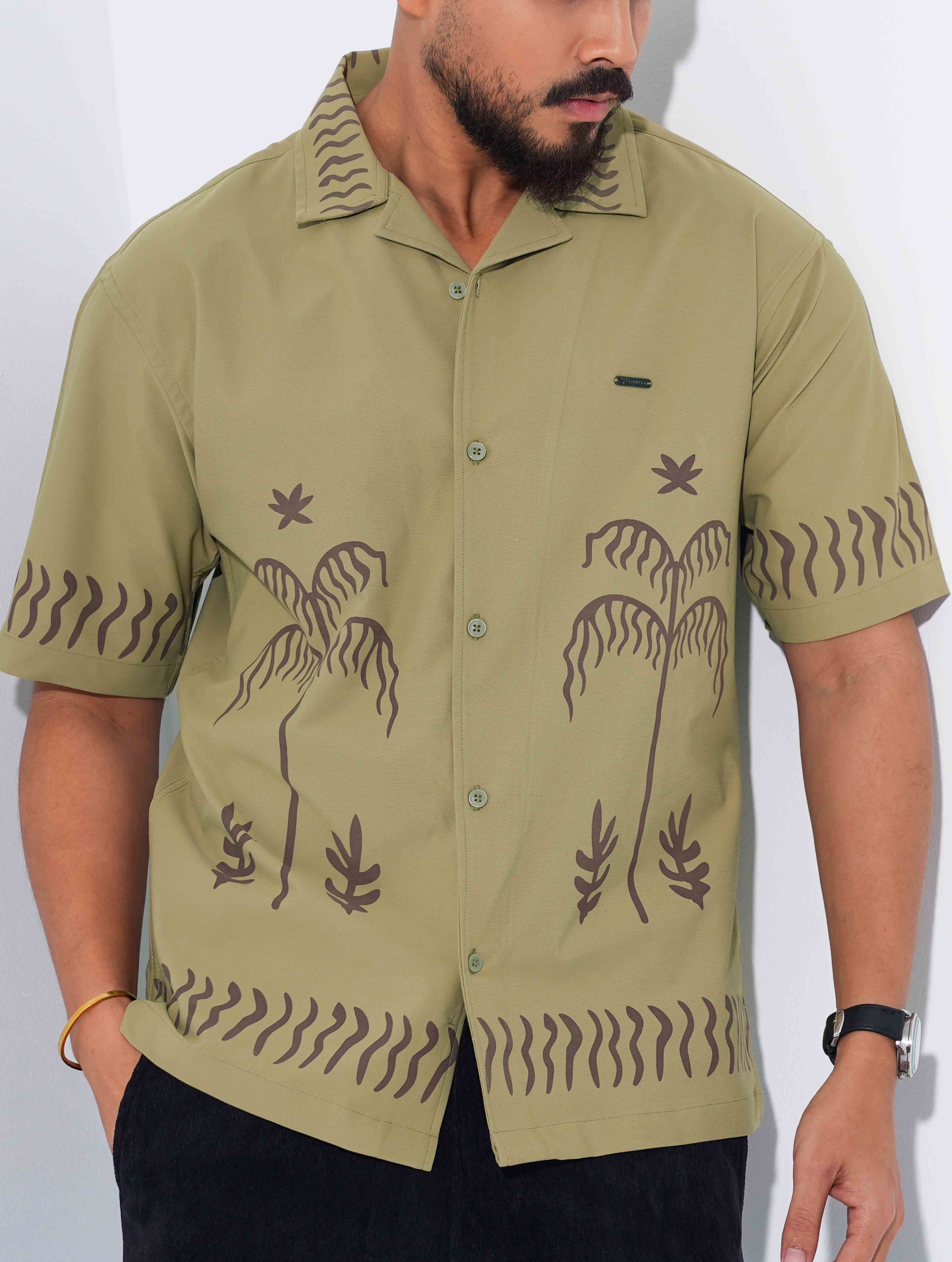 Light Olive Tree Printed Drop-Shoulder Half Shirt