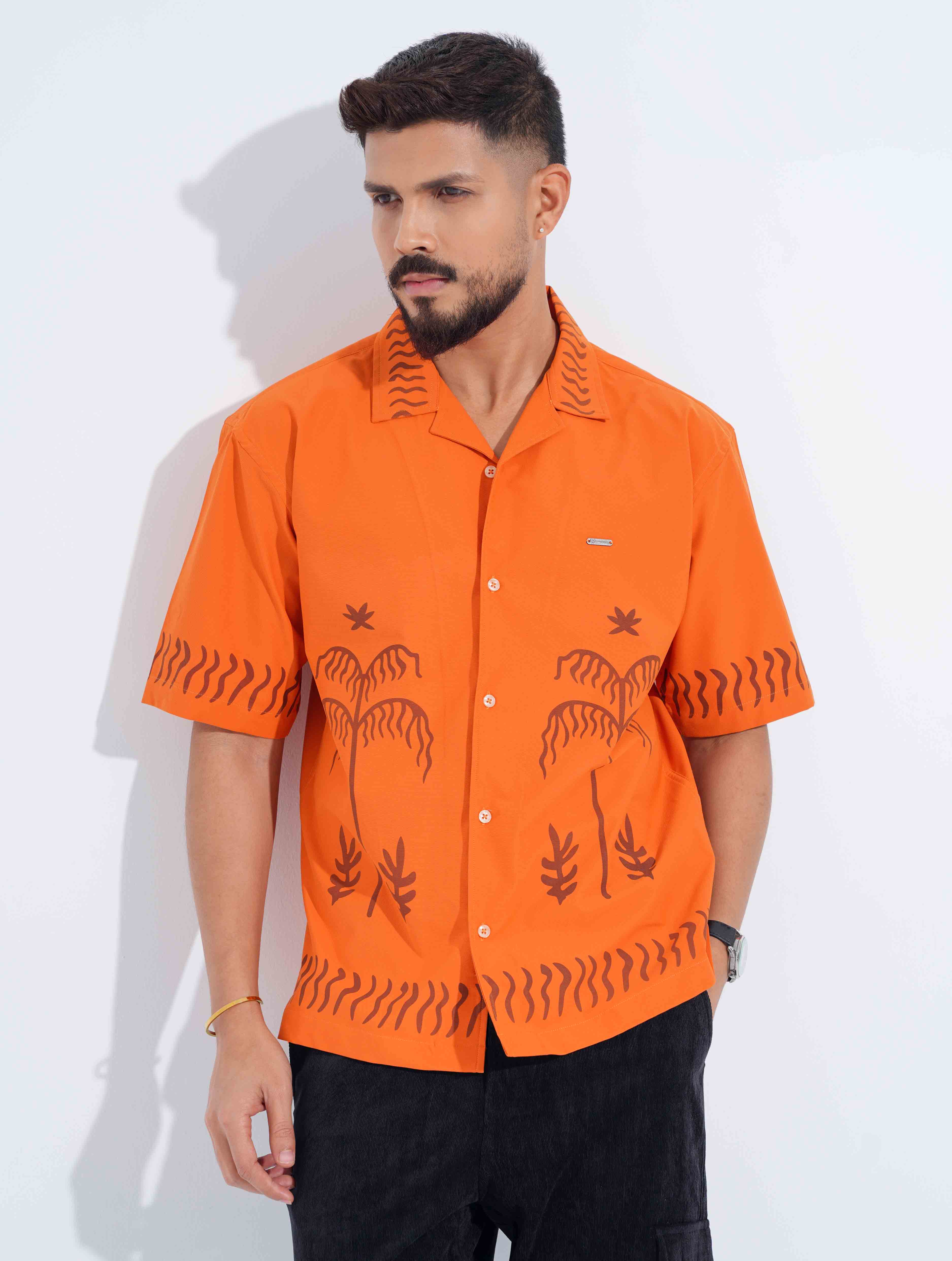 Orange Gray Tree Printed Drop-Shoulder Half Shirt