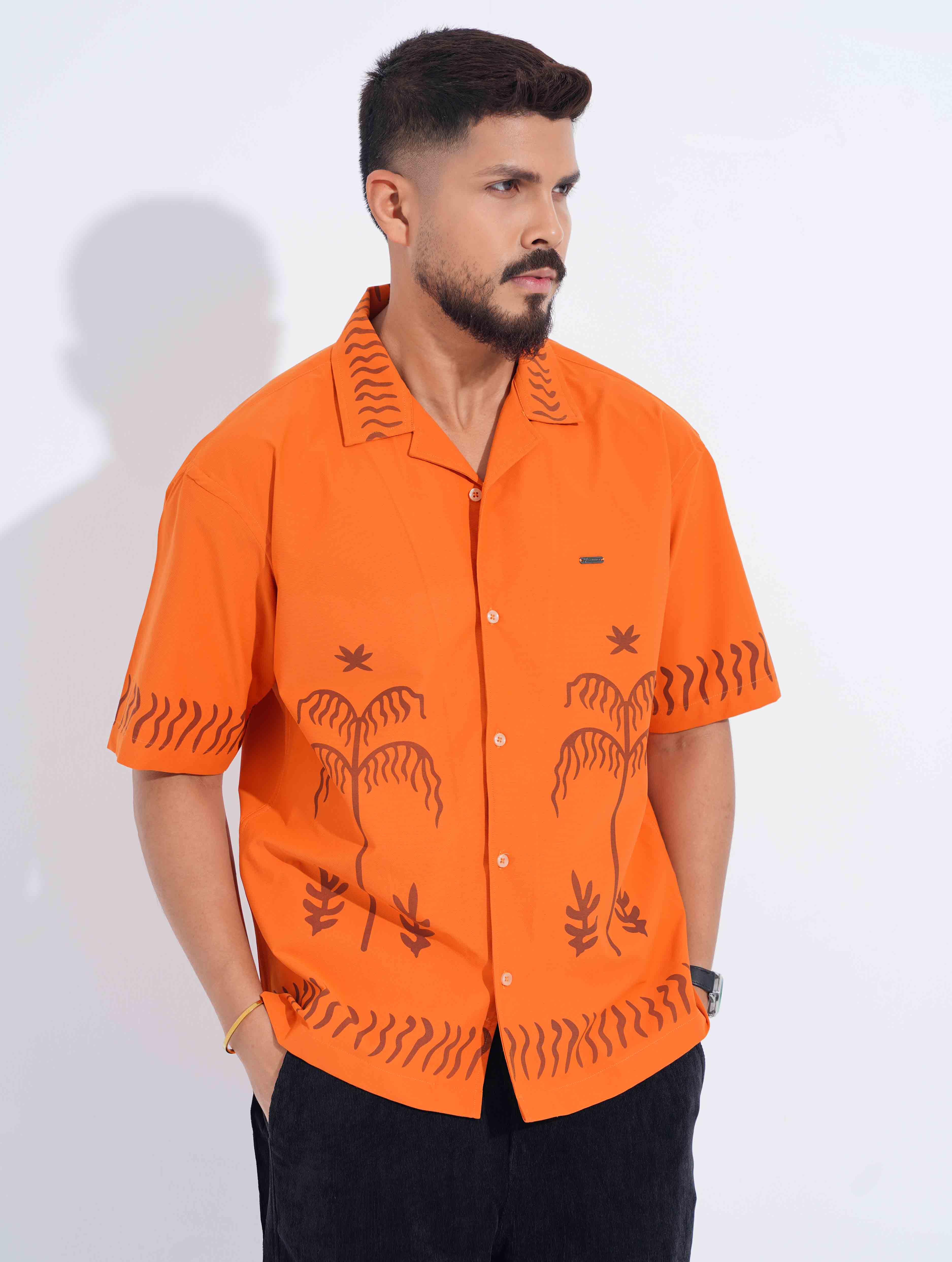 Orange Gray Tree Printed Drop-Shoulder Half Shirt