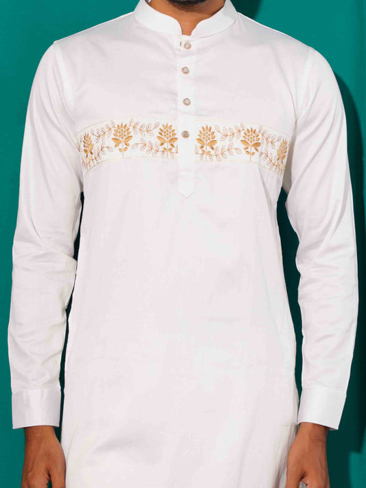 White Saton exclusive embroidered panjabi.