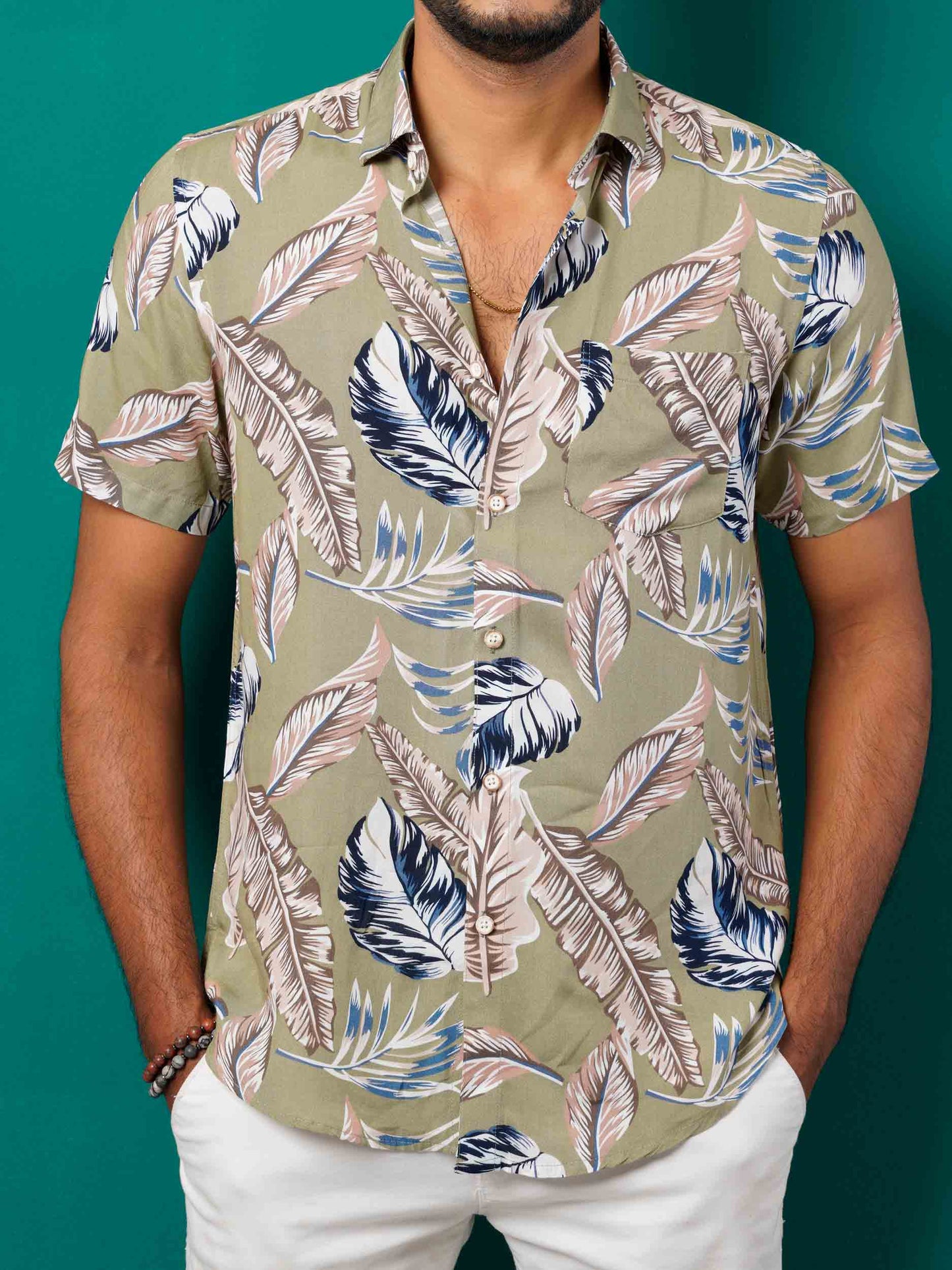 Khaki green willow leaf printed half sleeve shirt