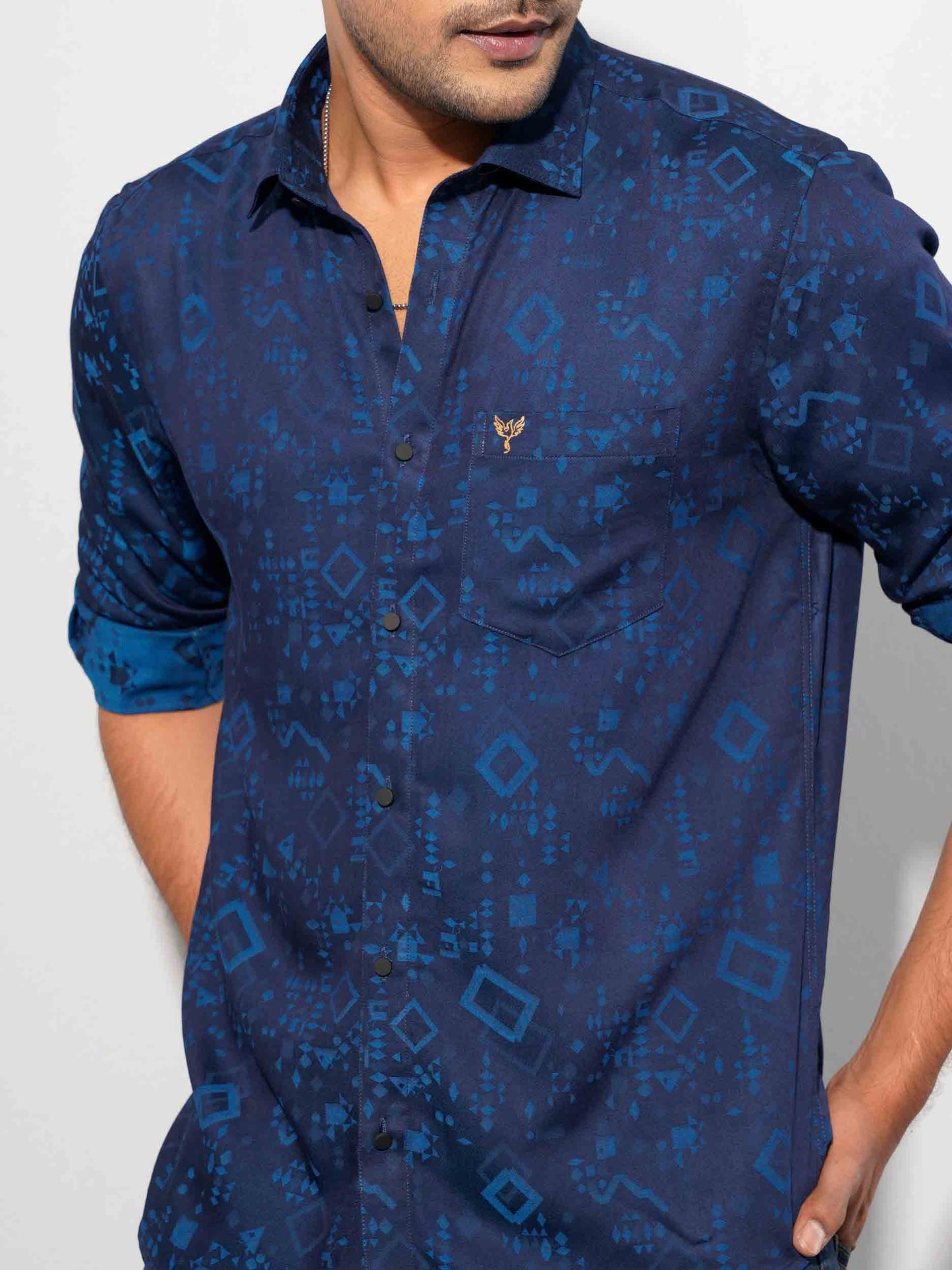 Blue Block printed bamboo silk full sleeve shirt