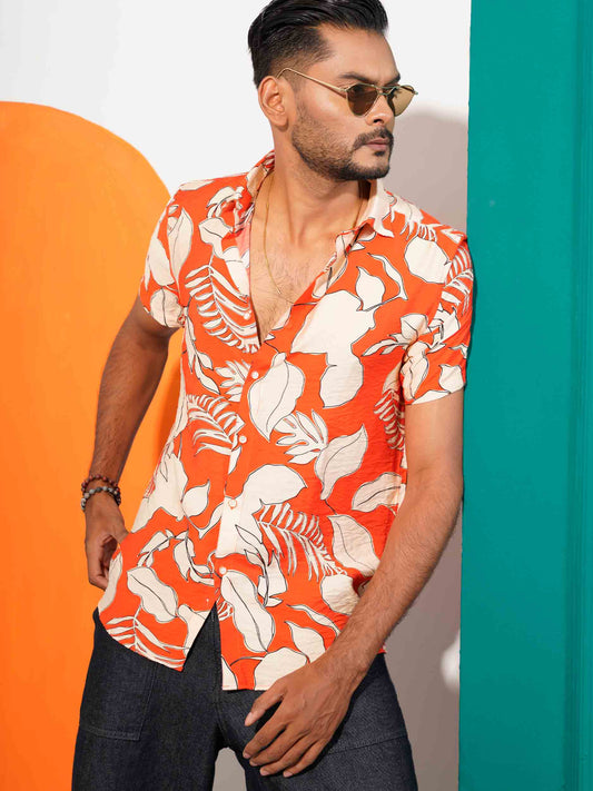 Orange printed viscos half sleeve shirt