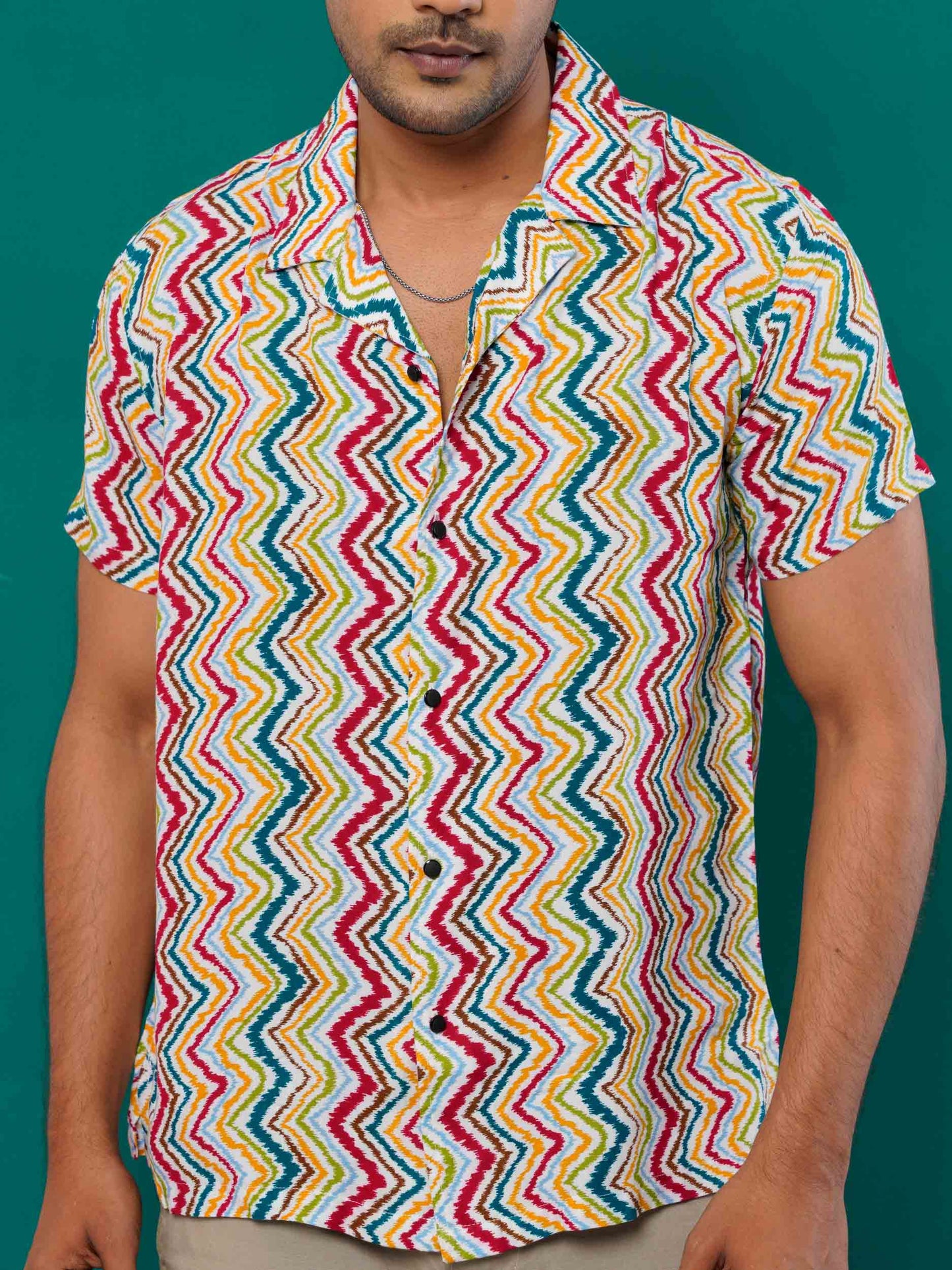 Yellow-green and pink zigzag printed havana shirt