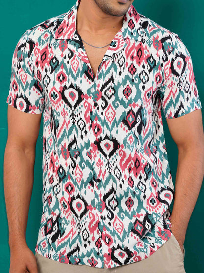 White-pink green pentagonal cube printed havana shirt