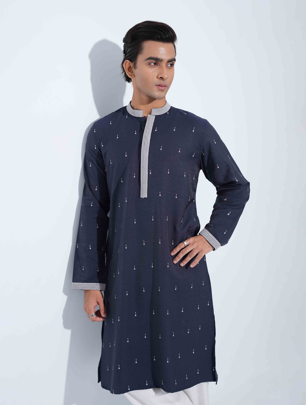 Navy Blue color All Over Embroidery Premium Panjabi
