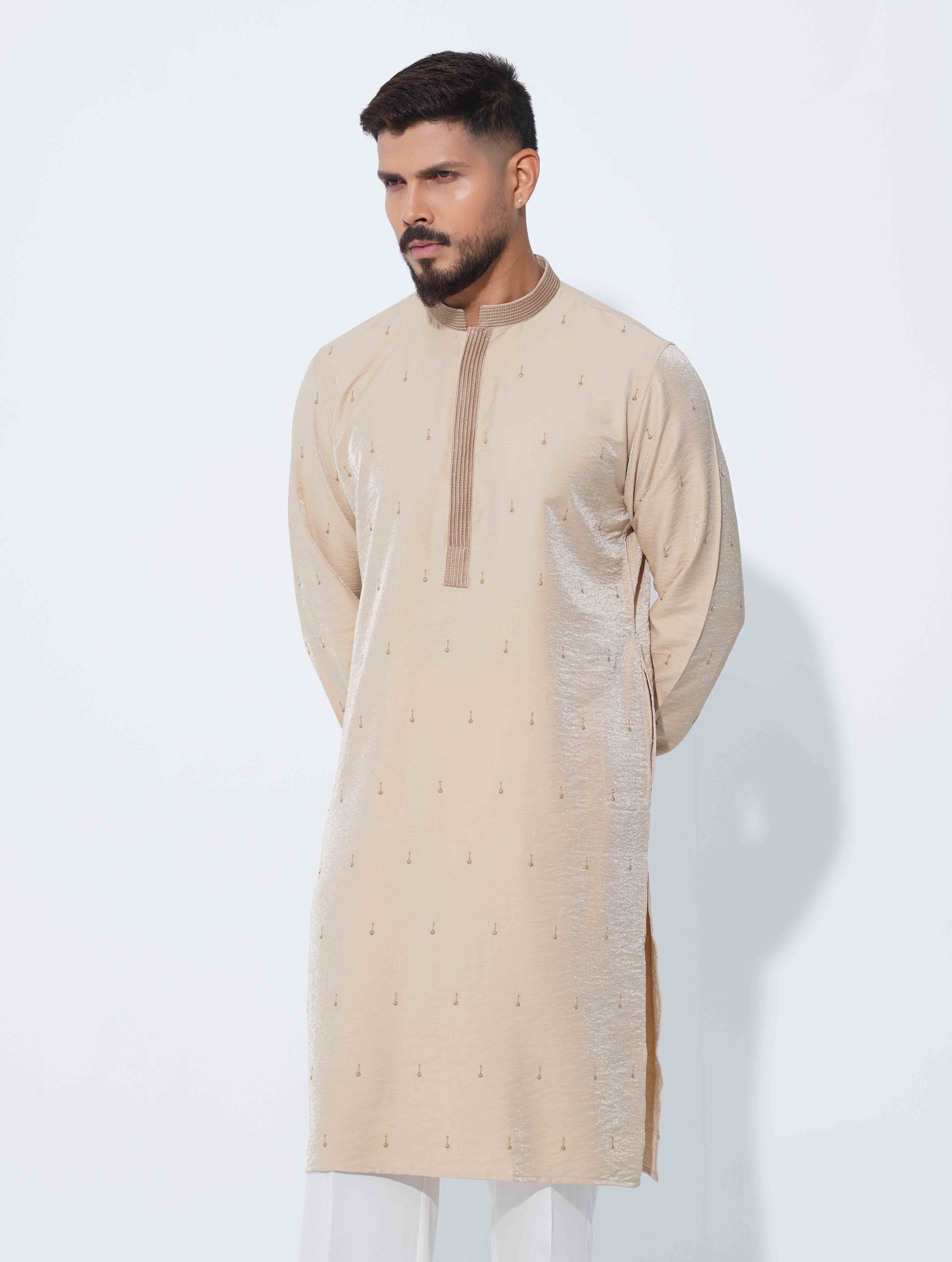 Khaki color All Over Embroidery Premium Panjabi