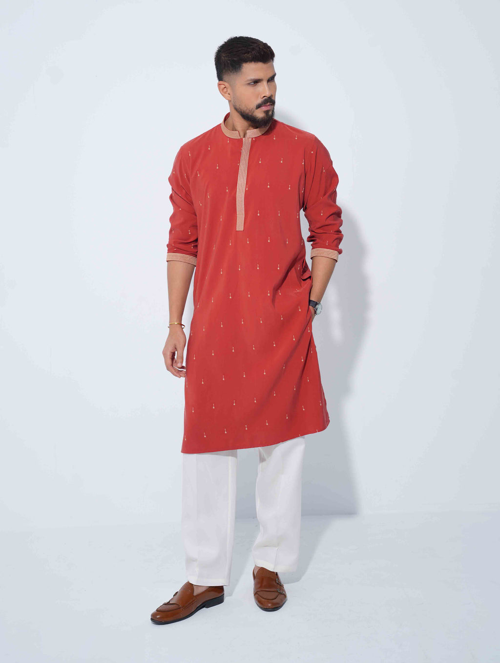 Burnt Orange All Over Embroidery Premium Panjabi