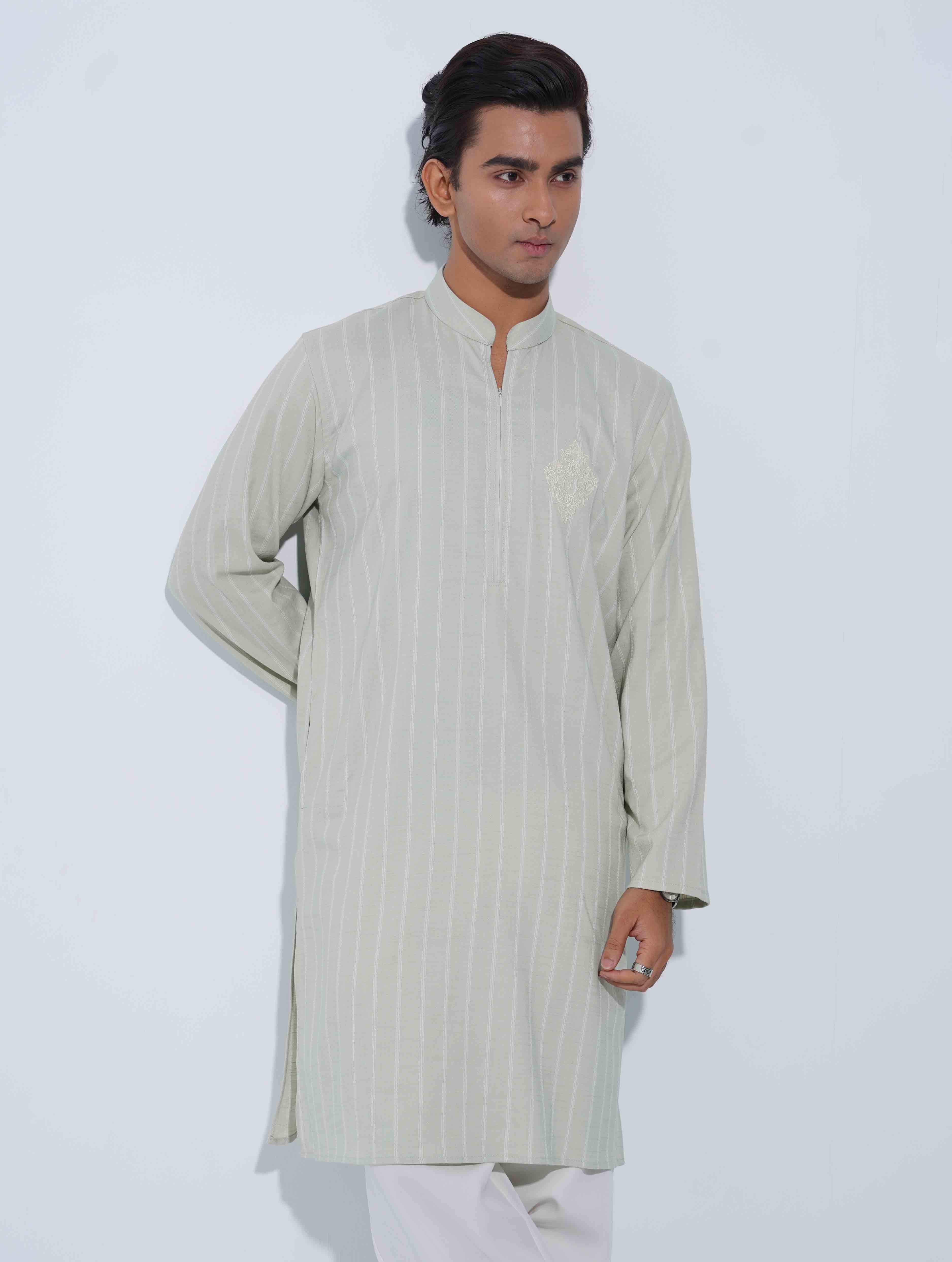 Light Olive White Stripe Logo zipper design panjabi