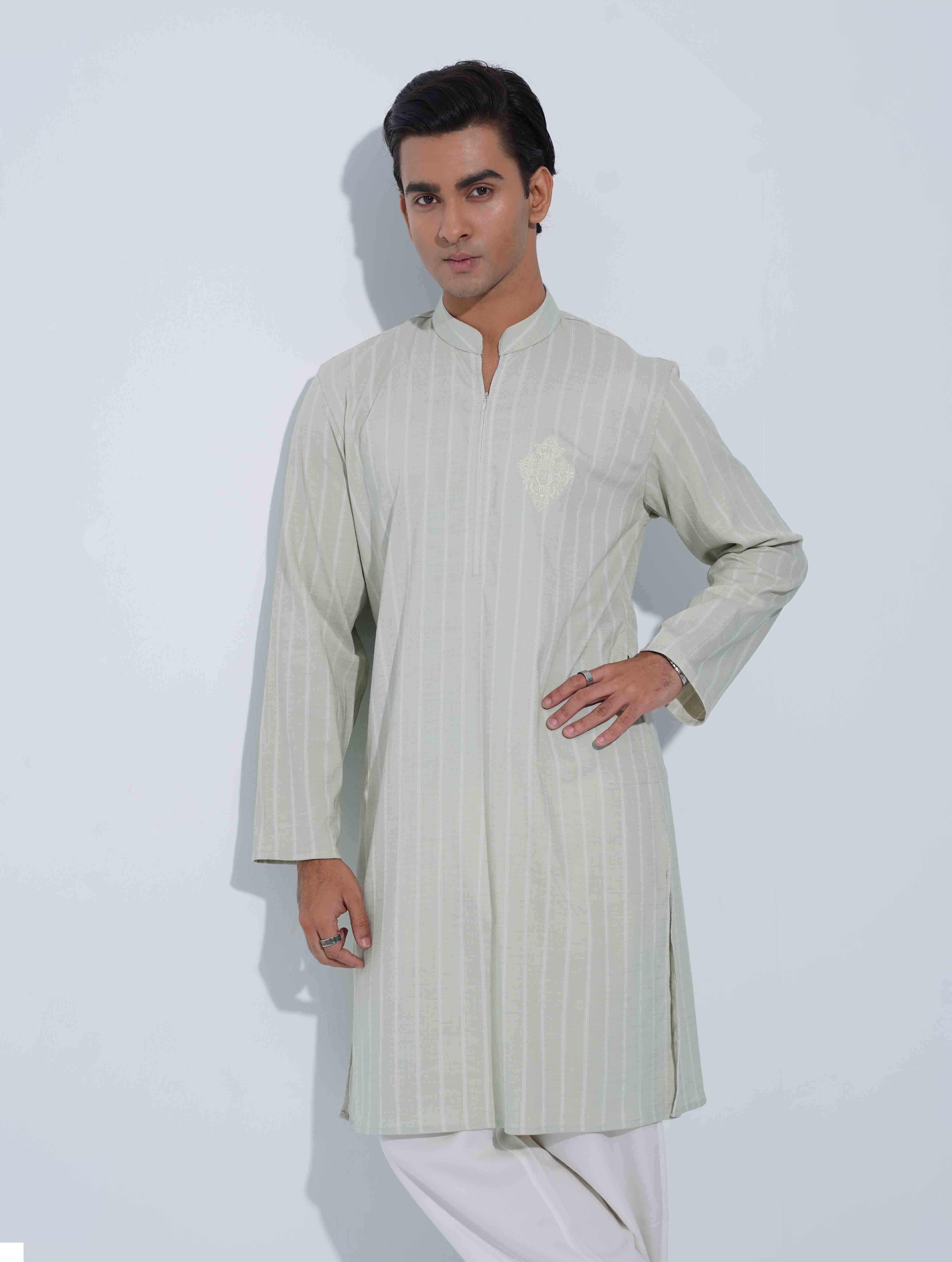 Light Olive White Stripe Logo zipper design panjabi