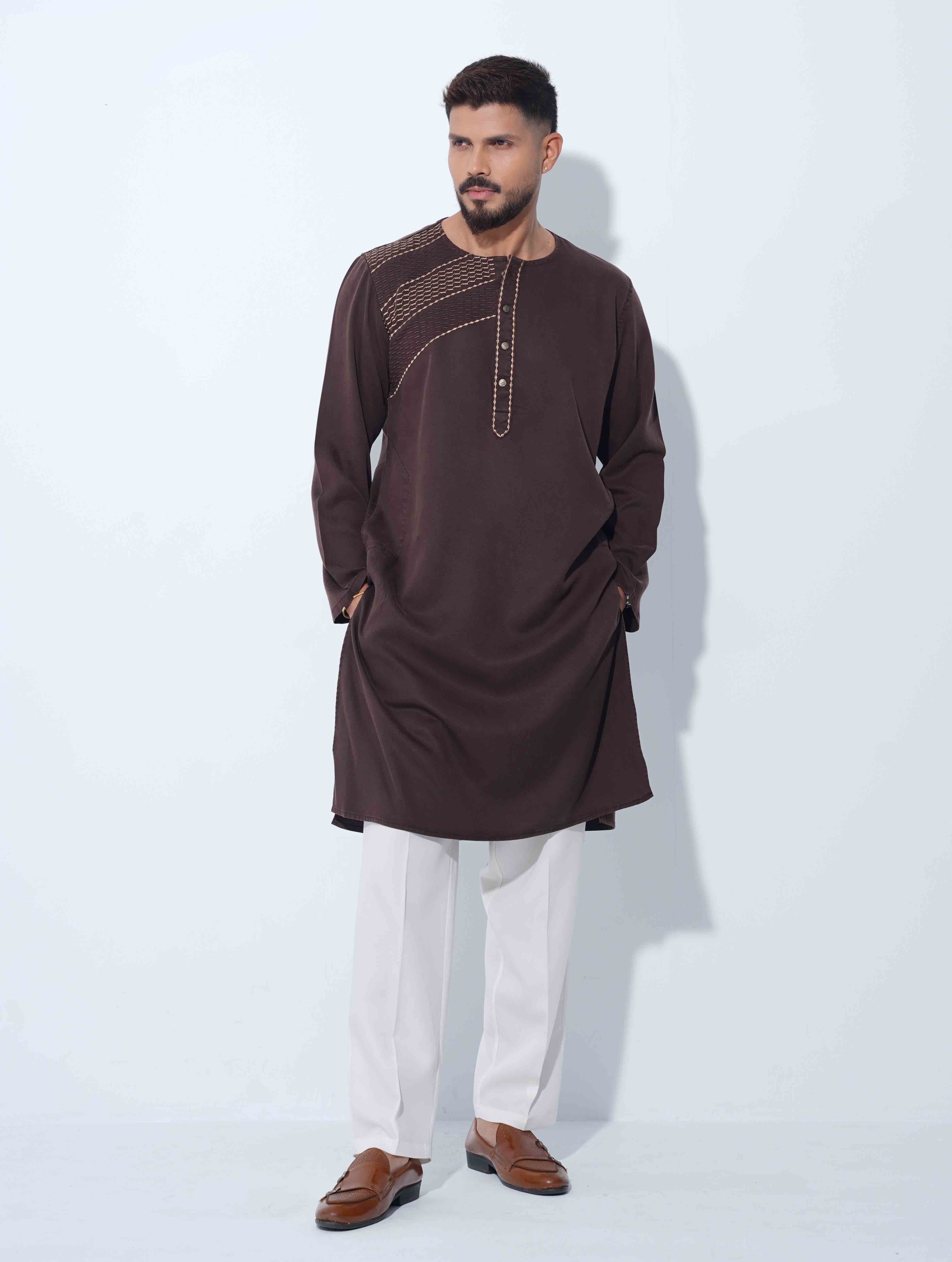 Coffee color Half EmbroideryDesigner Overlap Collar Panjabi