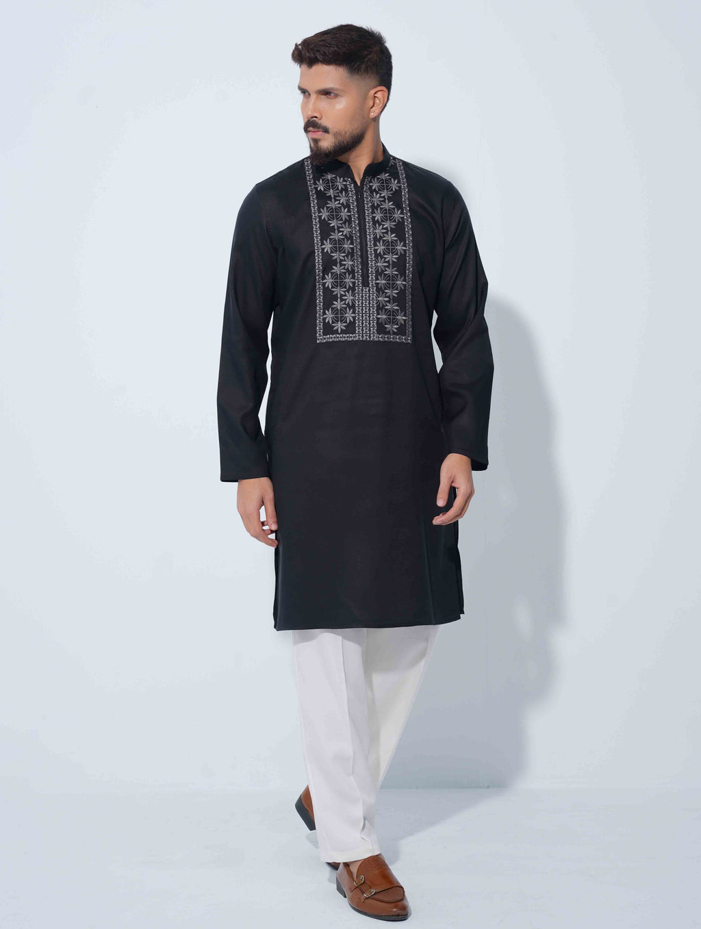 Obsidian Black Royal embroidered zipper design panjabi
