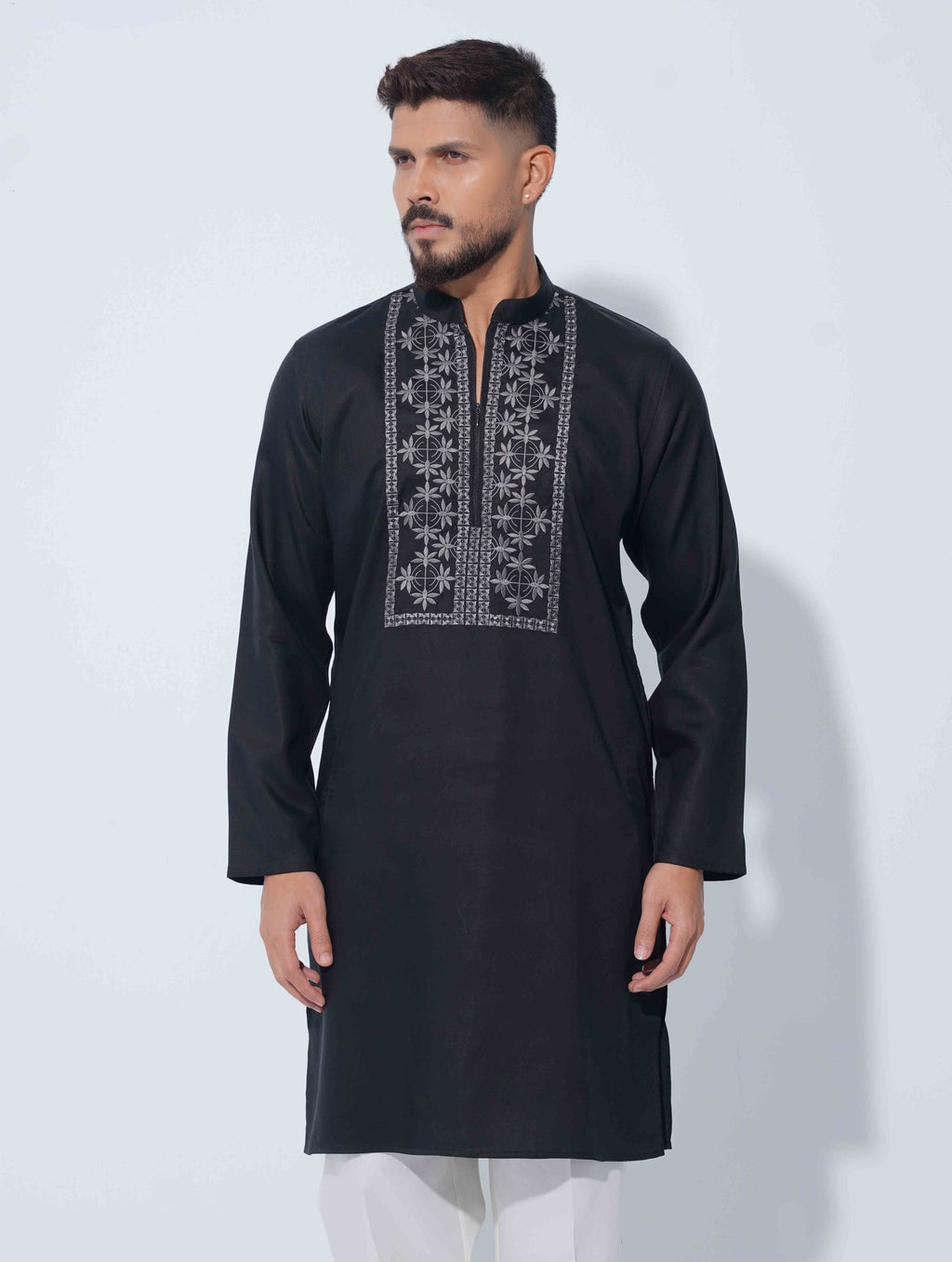 Obsidian Black Royal embroidered zipper design panjabi