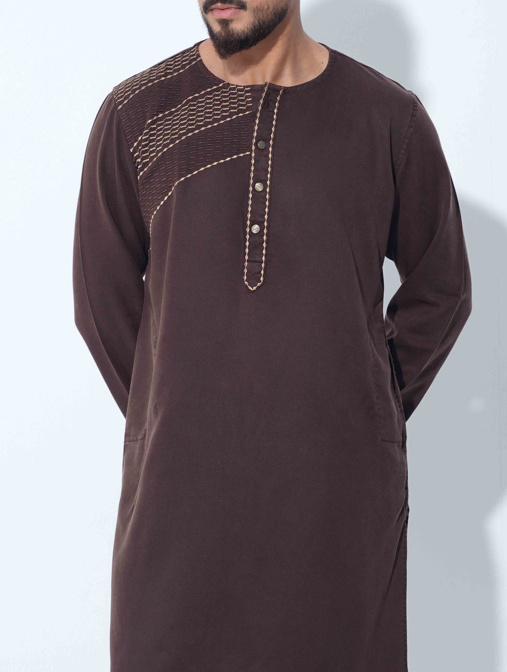 Coffee color Half EmbroideryDesigner Overlap Collar Panjabi