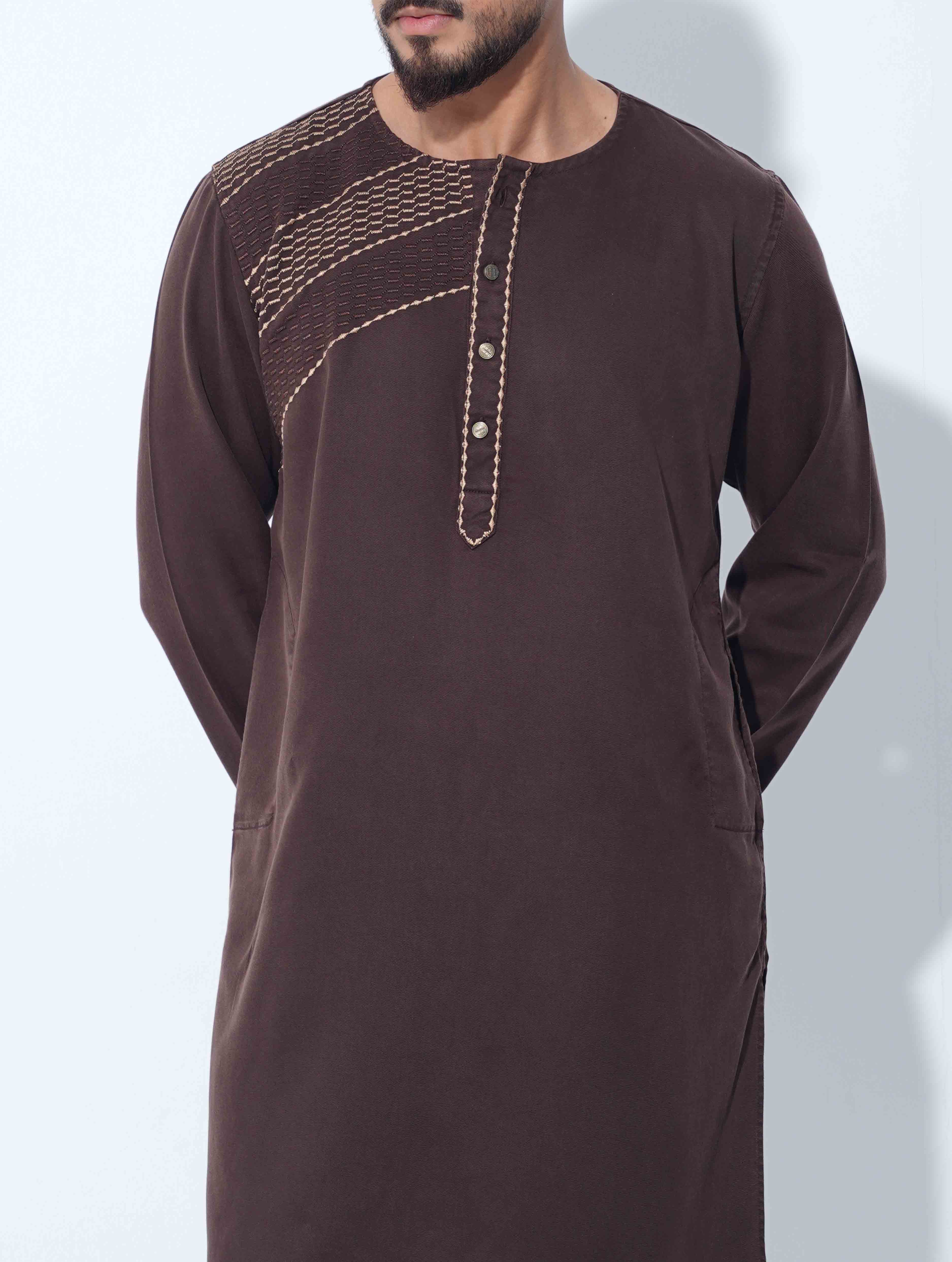 Coffee color Half EmbroideryDesigner Overlap Collar Panjabi