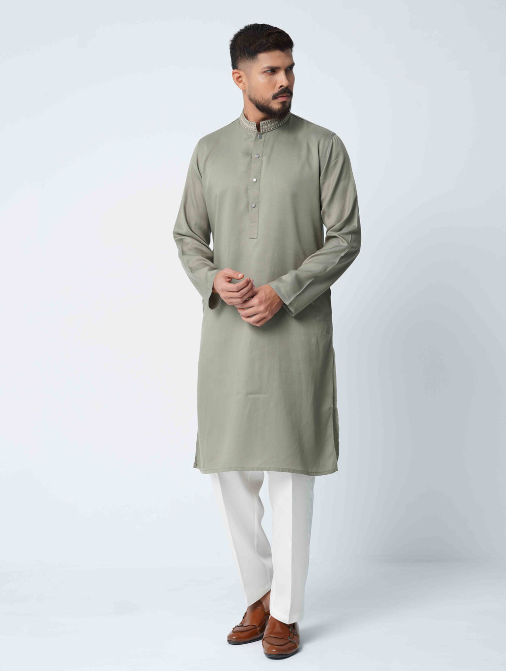 Olive Spiral Embroidery Panjabi