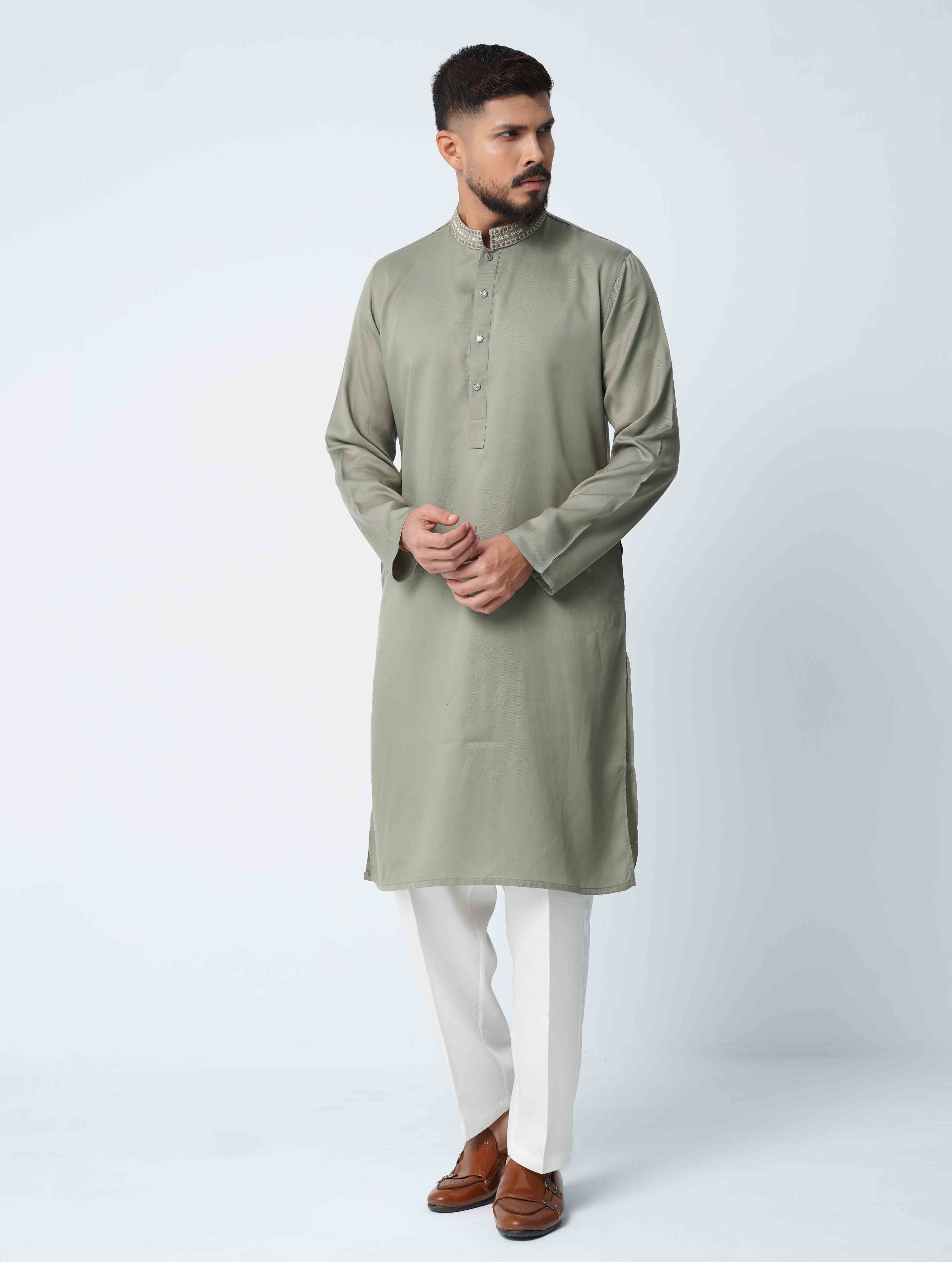 Olive Spiral Embroidery Panjabi