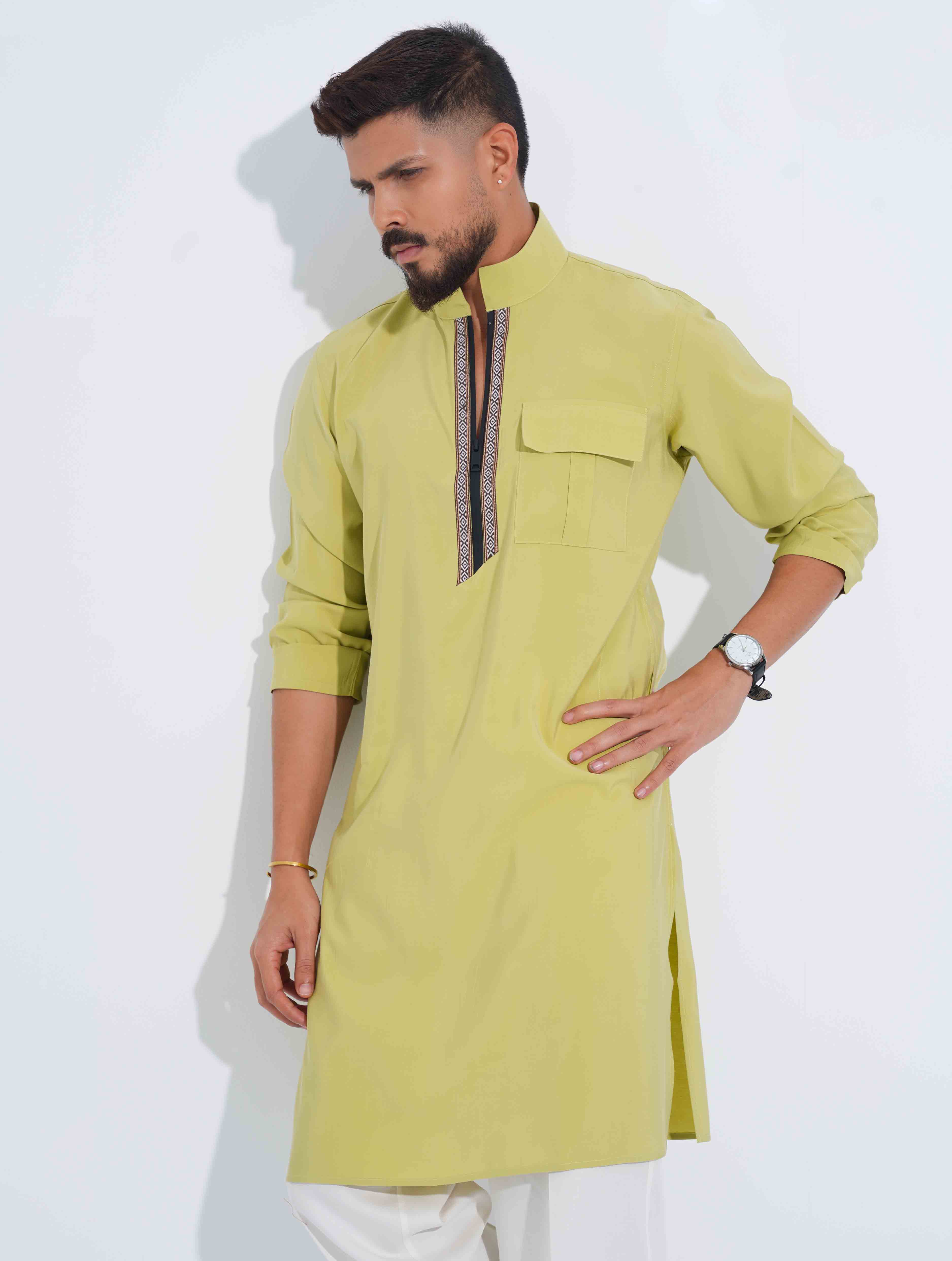 Neon Green High Collar Pocket zipper design panjabi