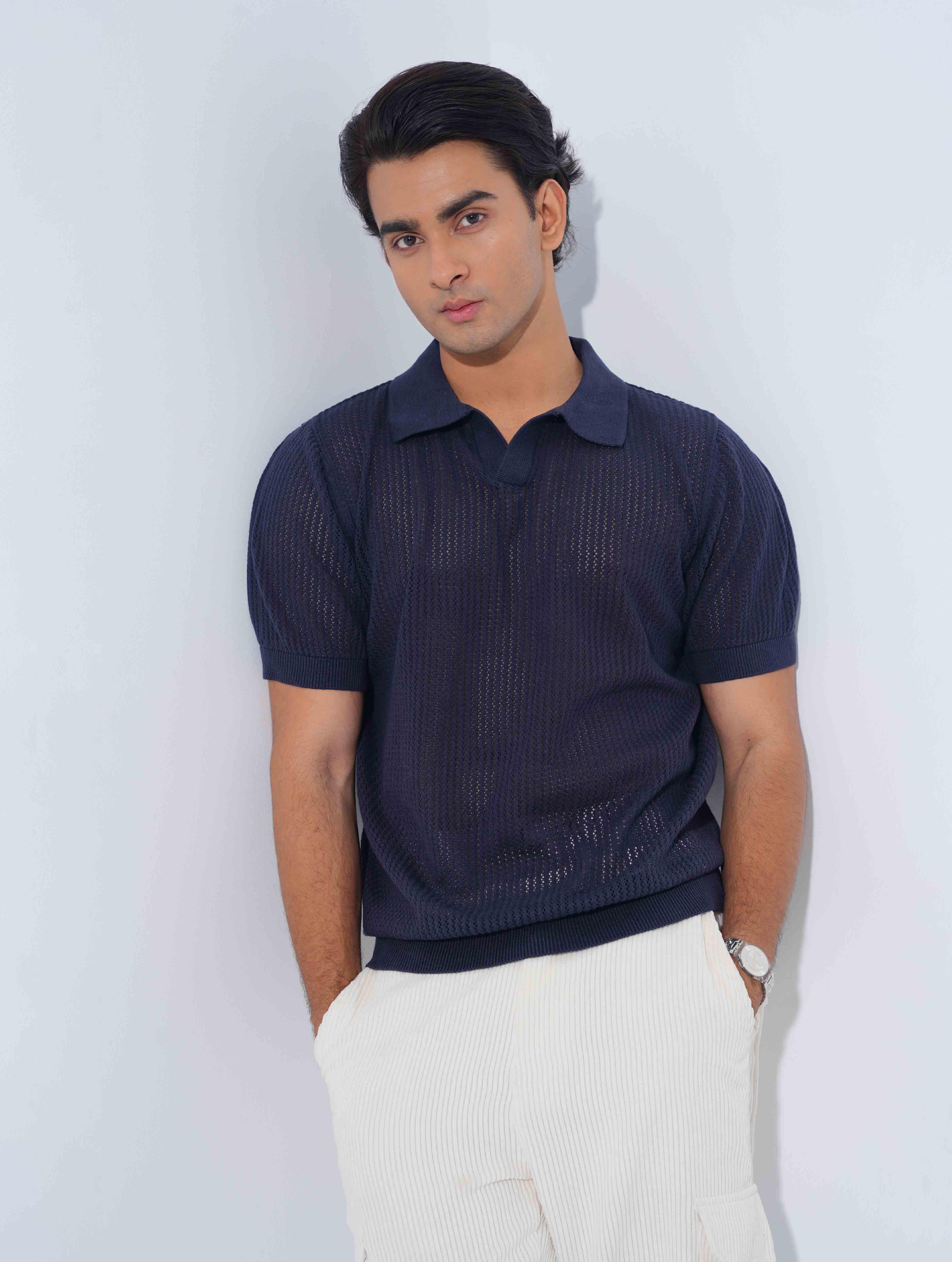 Navy blue Jacuard Stripe Weave Fabric Old Money Polo