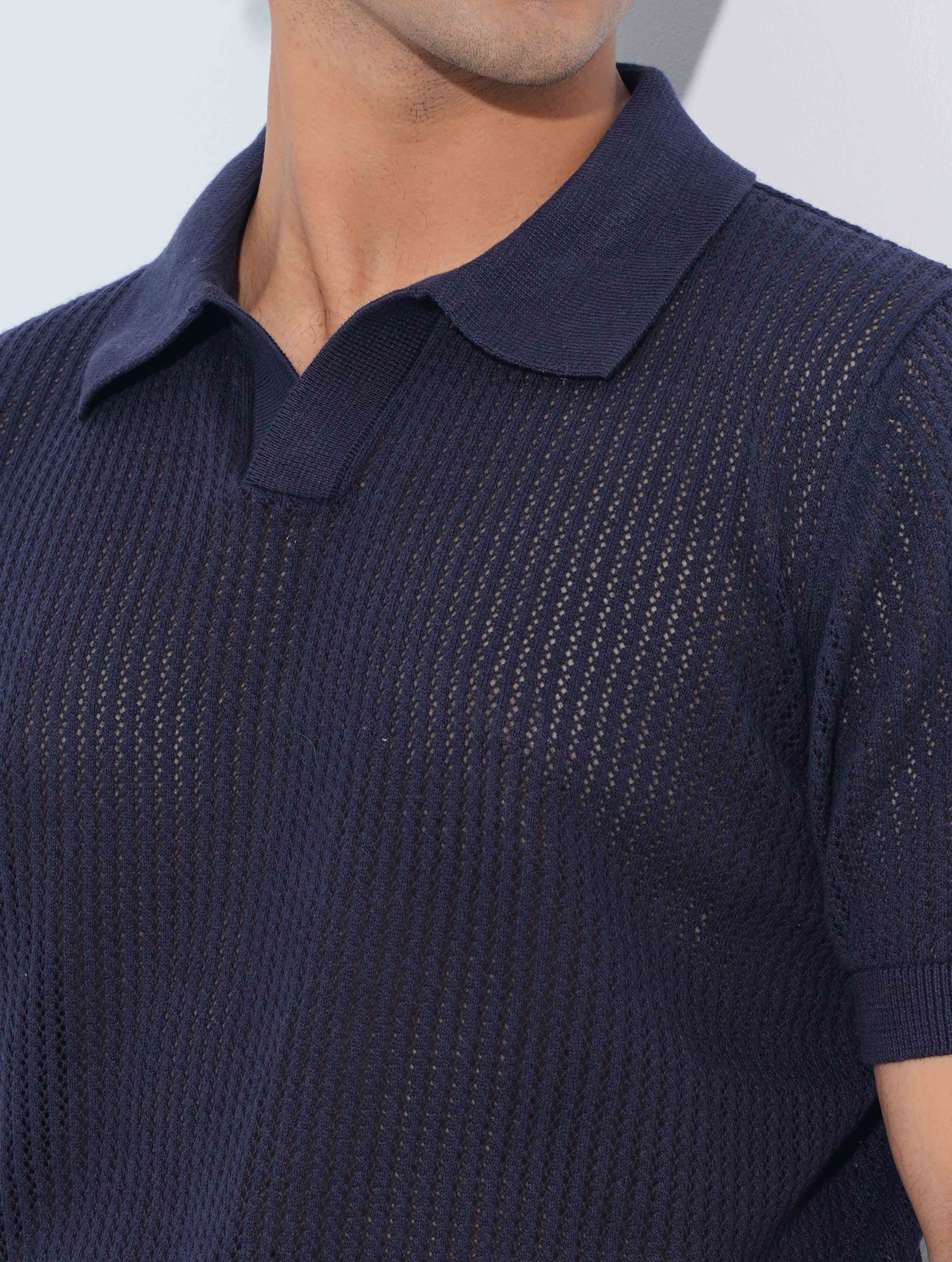 Navy blue Jacuard Stripe Weave Fabric Old Money Polo