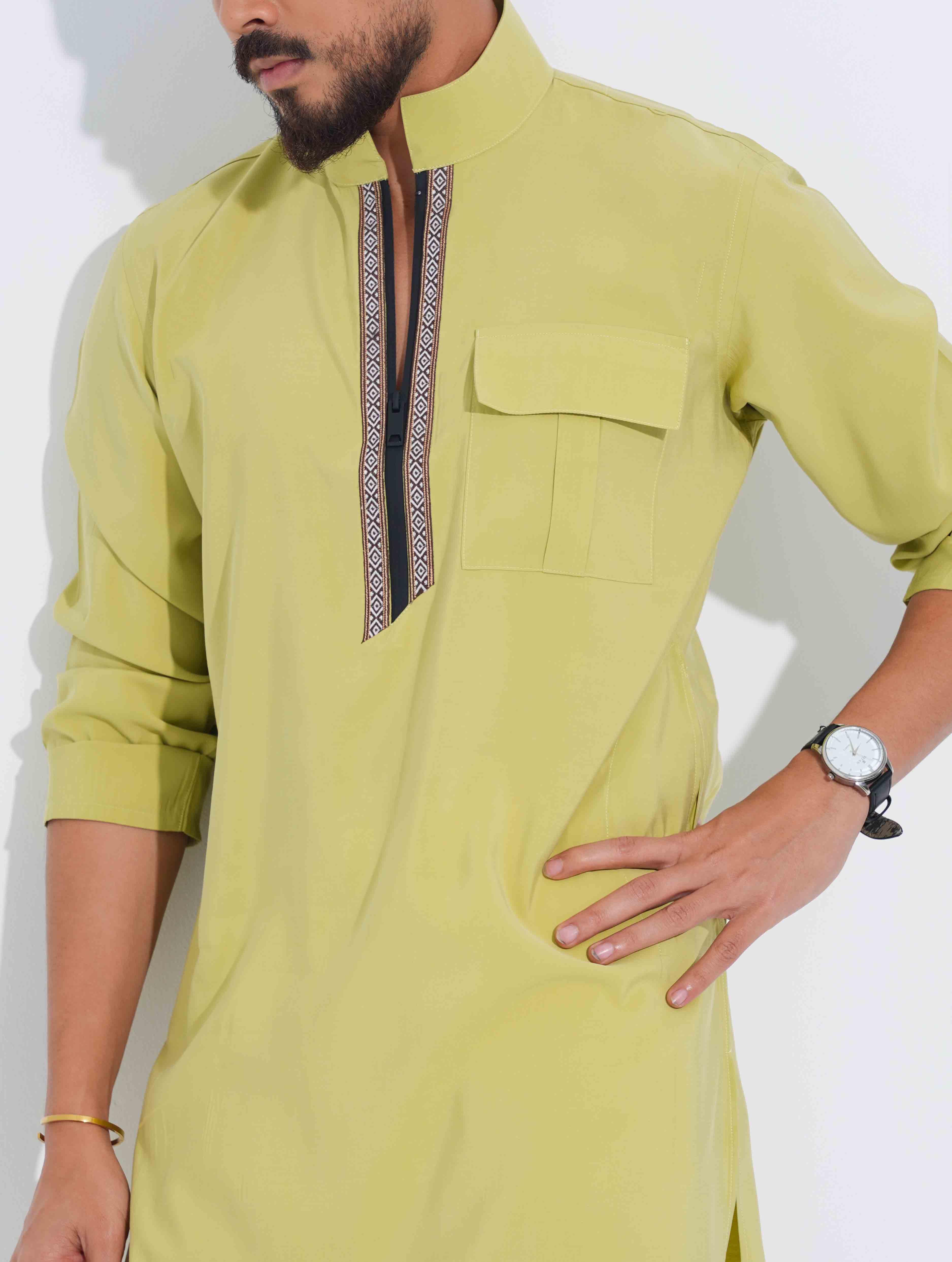 Neon Green High Collar Pocket zipper design panjabi