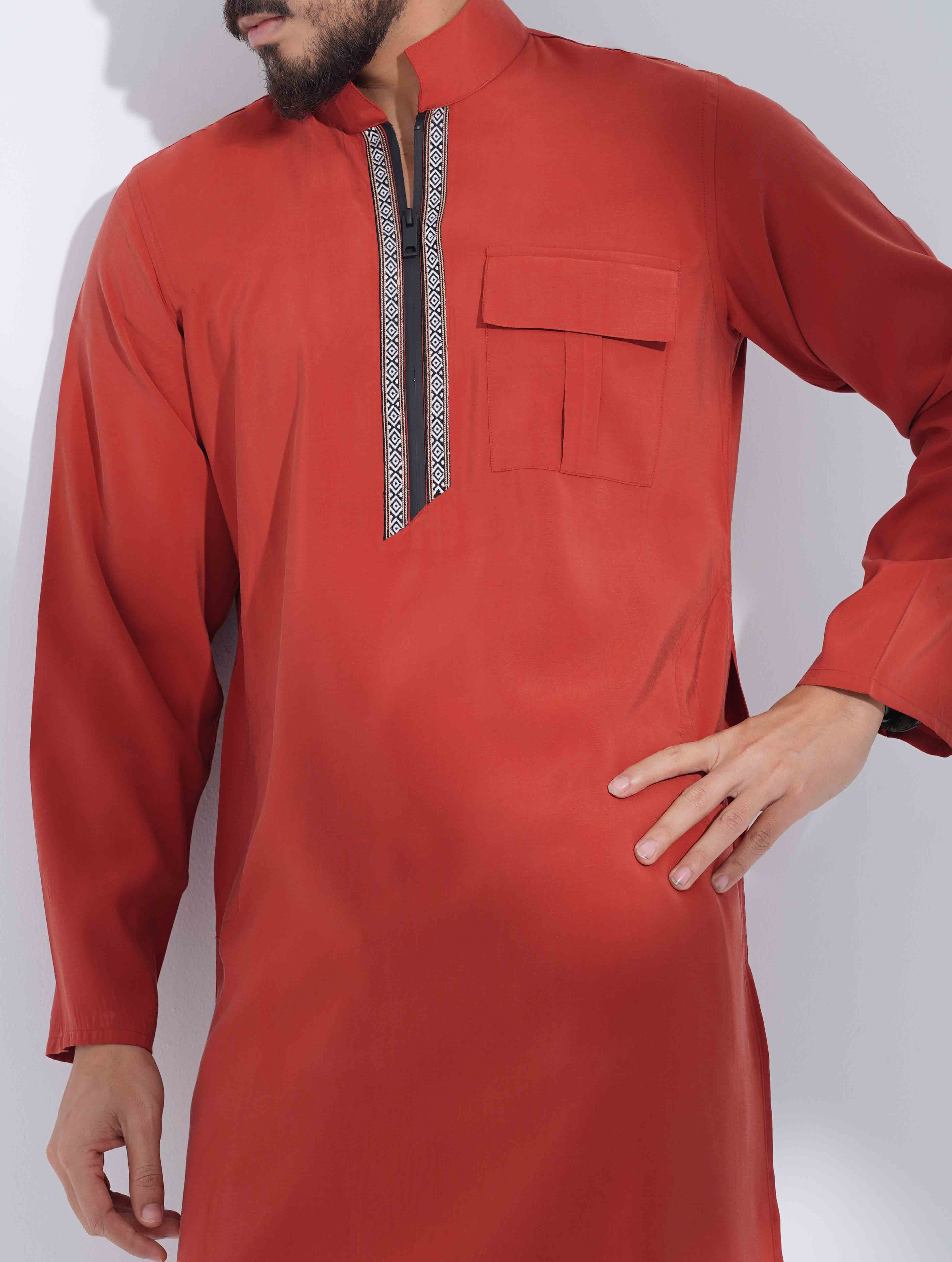 Burnt orange High Collar Pocket zipper design panjabi